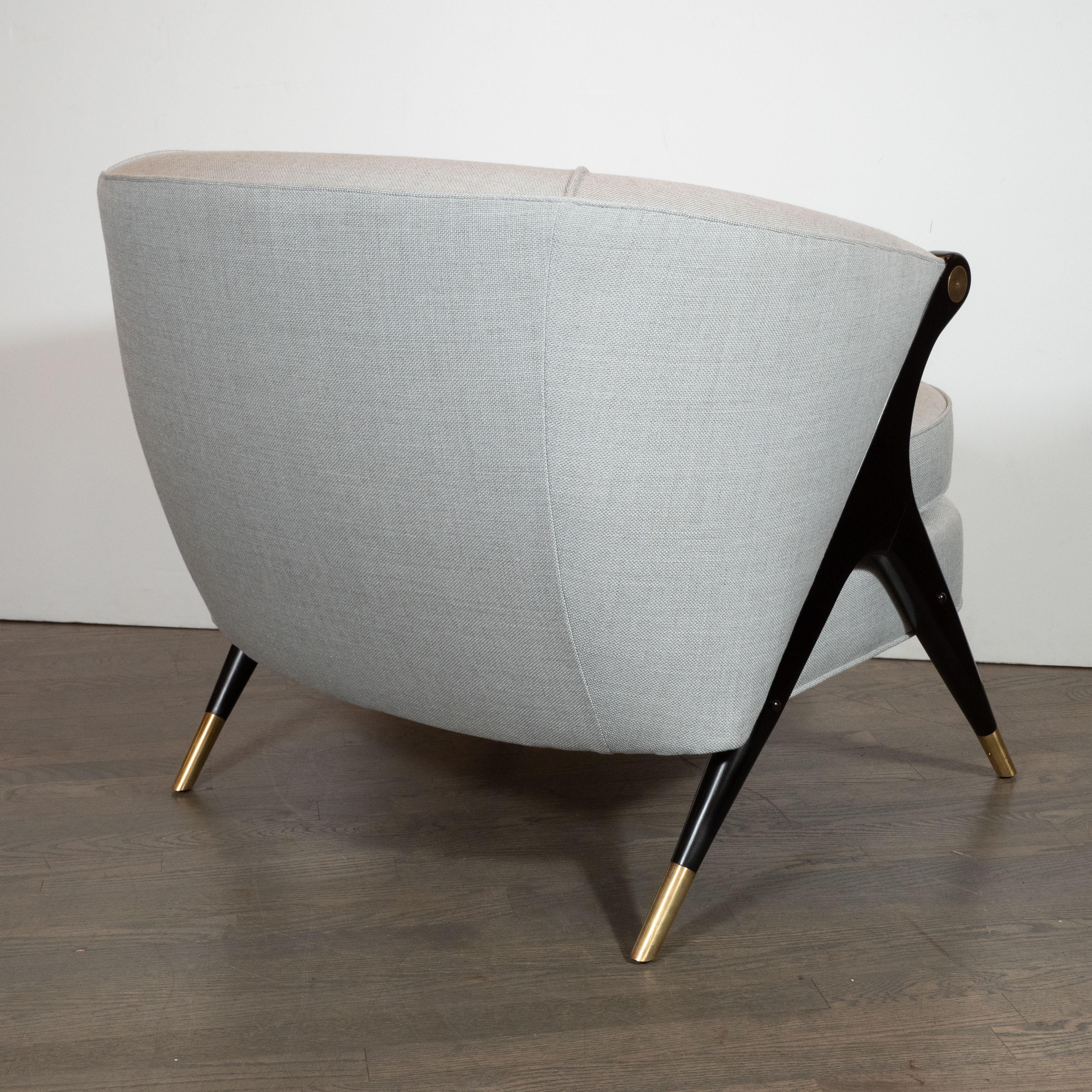 Pair of Ebonized Walnut, Brass & Gray Loro Piana Fabric Lounge Chairs by Karpen 2