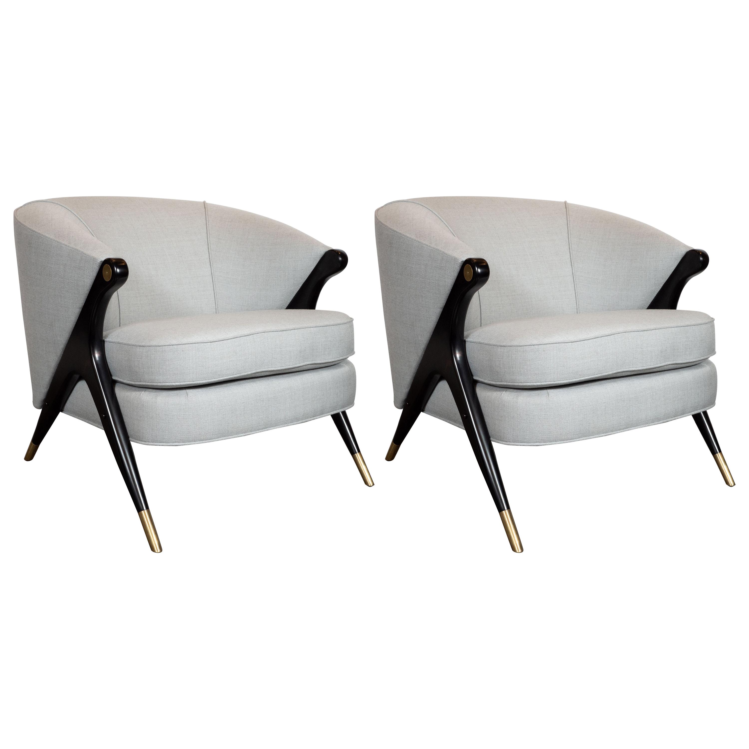 Pair of Ebonized Walnut, Brass & Gray Loro Piana Fabric Lounge Chairs by Karpen