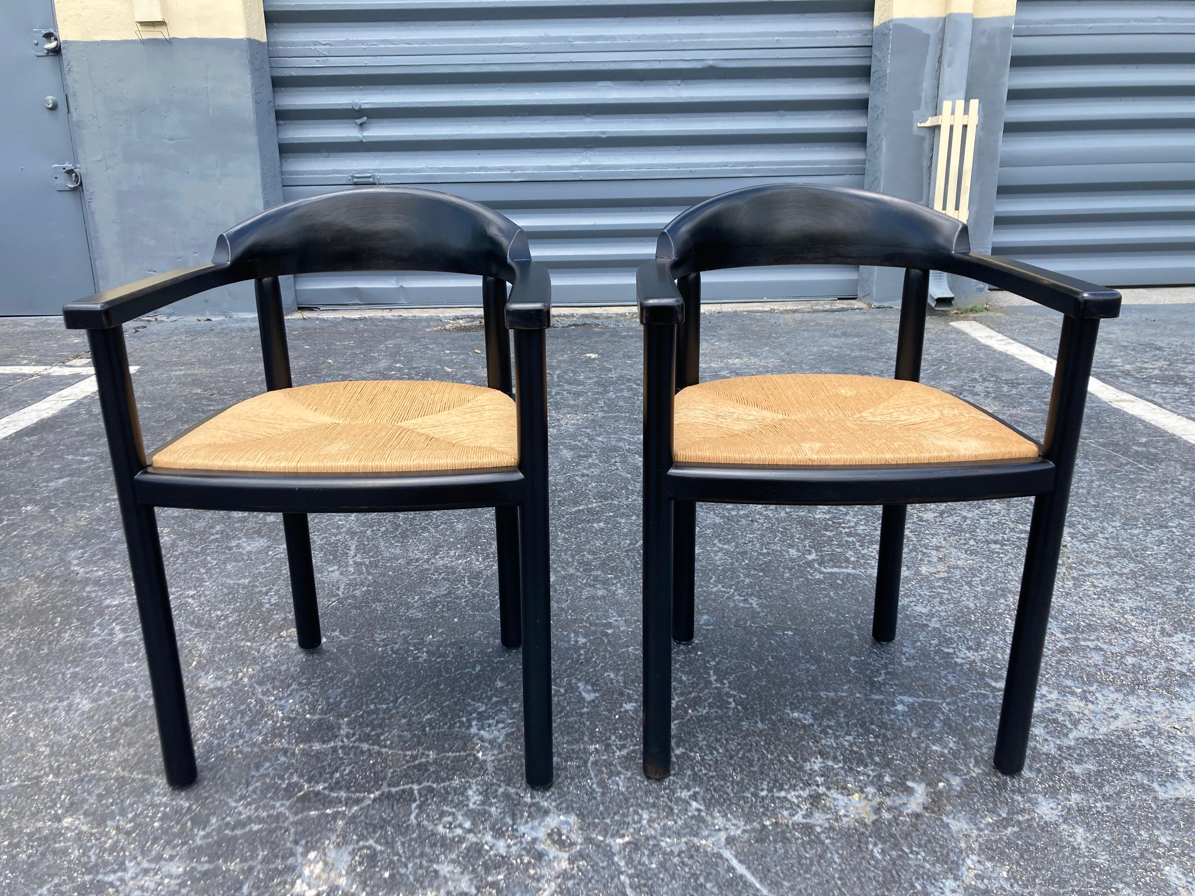 Pair of Ebonized Wood Arm Chairs with Rush Seats, 1960s 11