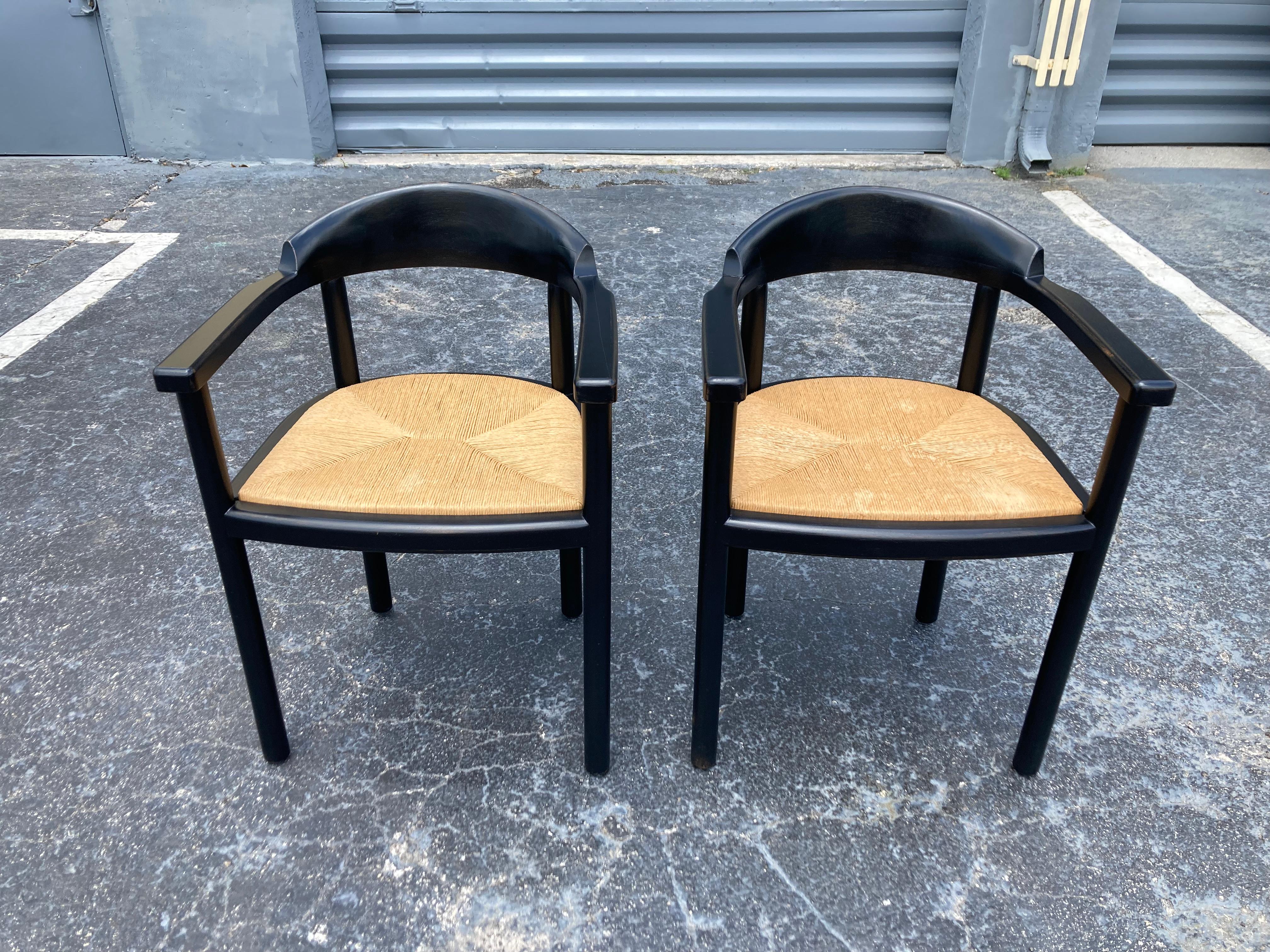 Pair of Ebonized Wood Arm Chairs with Rush Seats, 1960s 12