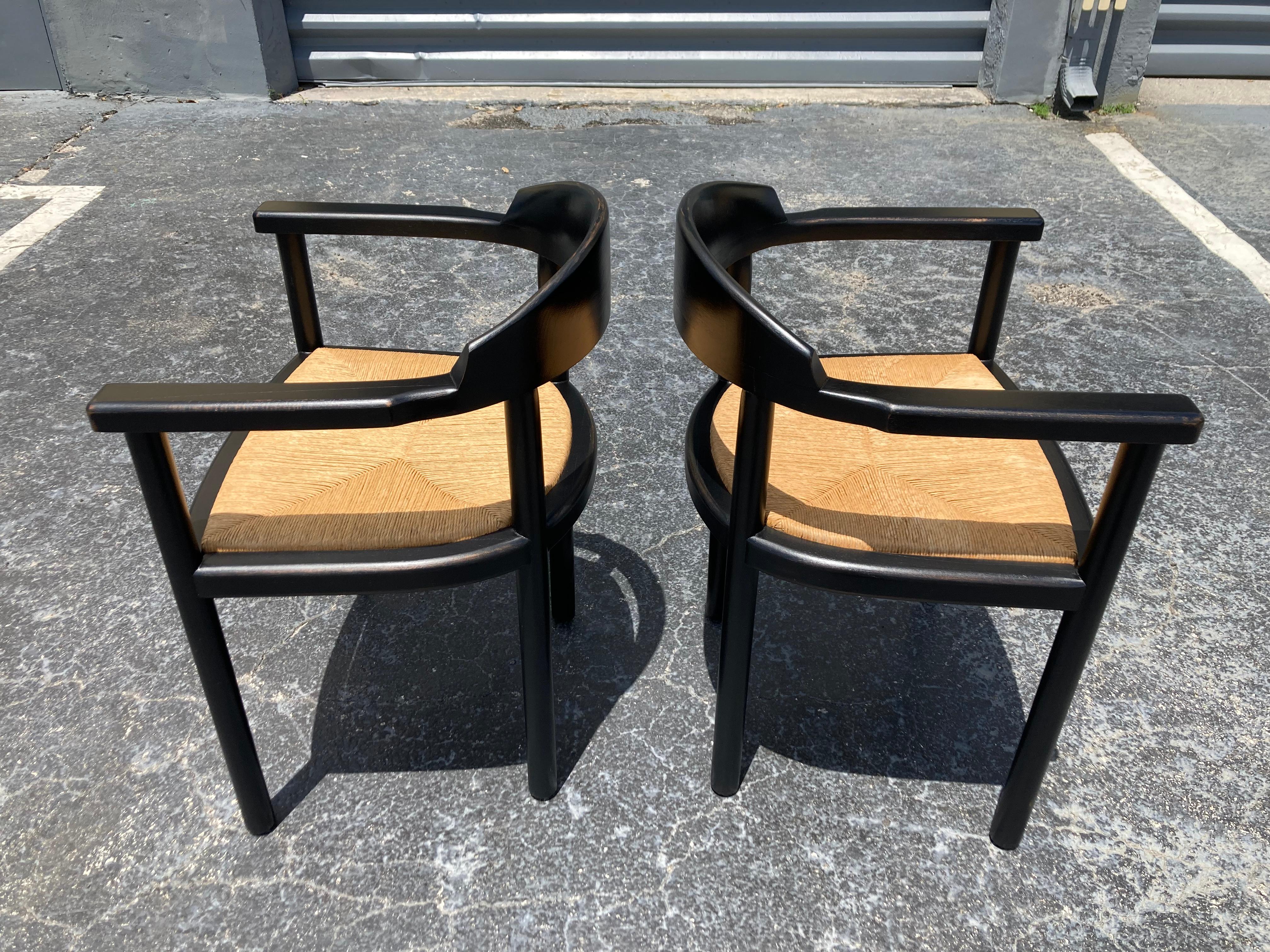Argentine Pair of Ebonized Wood Arm Chairs with Rush Seats, 1960s