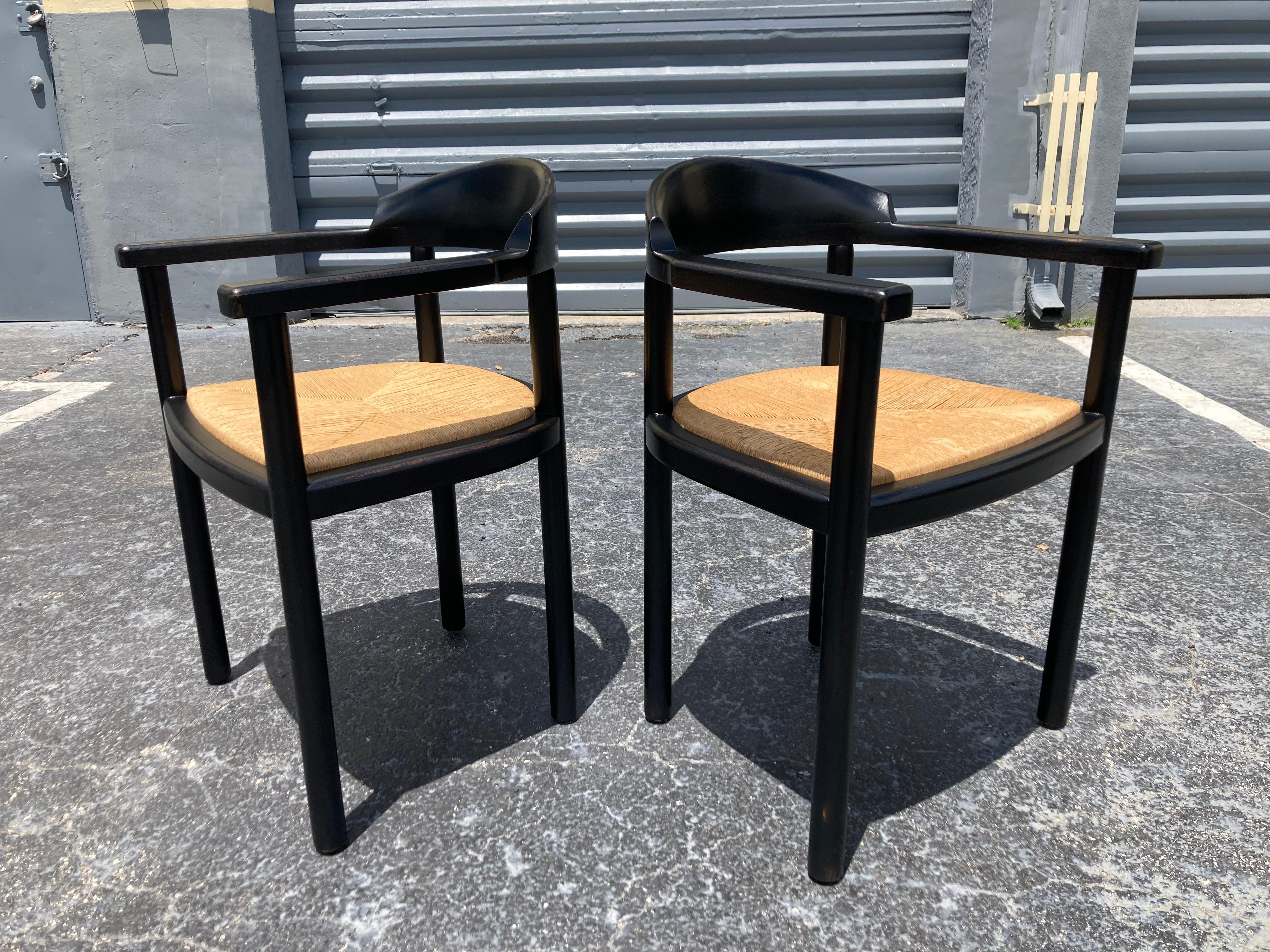 Pair of Ebonized Wood Arm Chairs with Rush Seats, 1960s 1