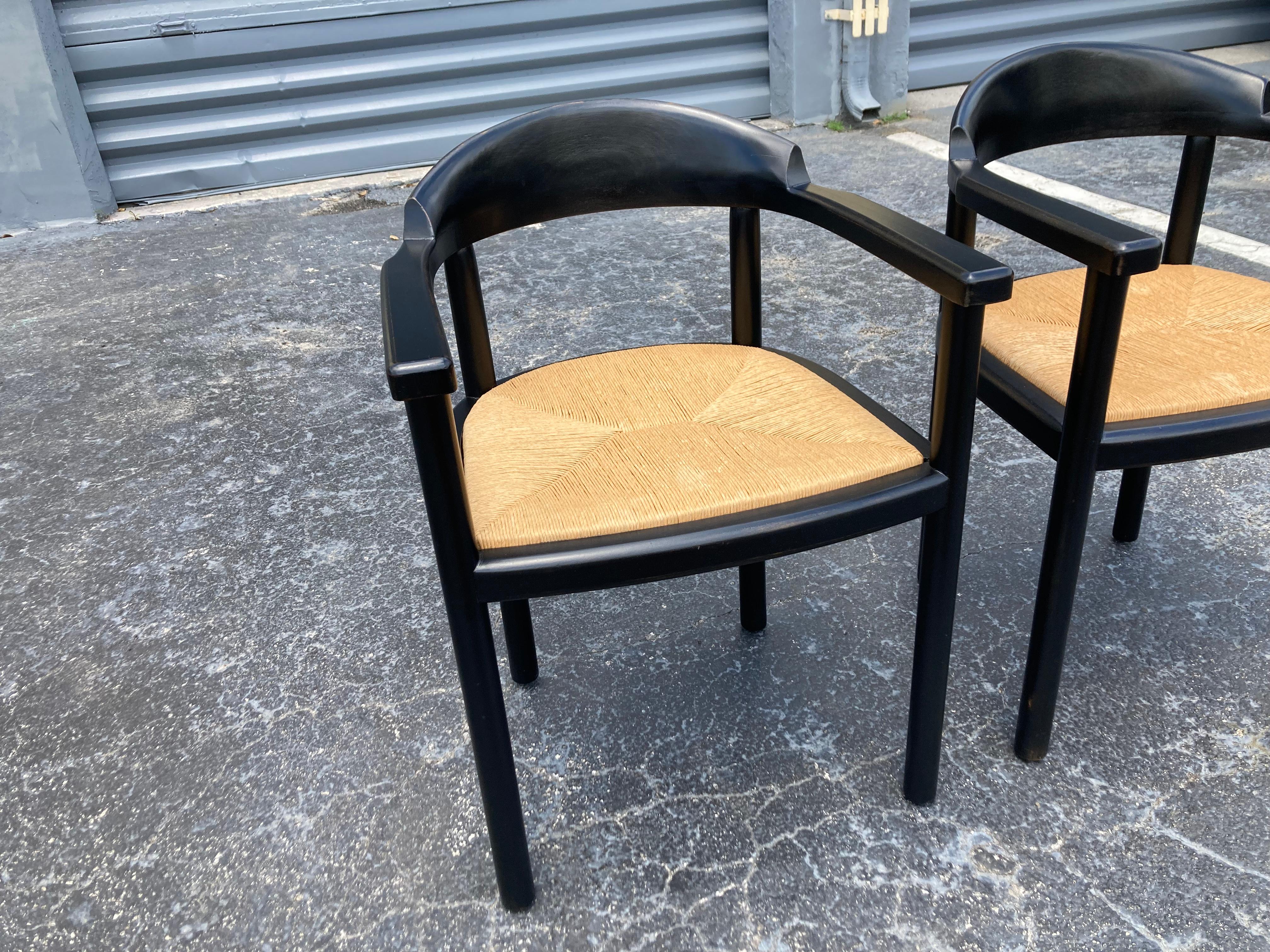 Pair of Ebonized Wood Arm Chairs with Rush Seats, 1960s 2