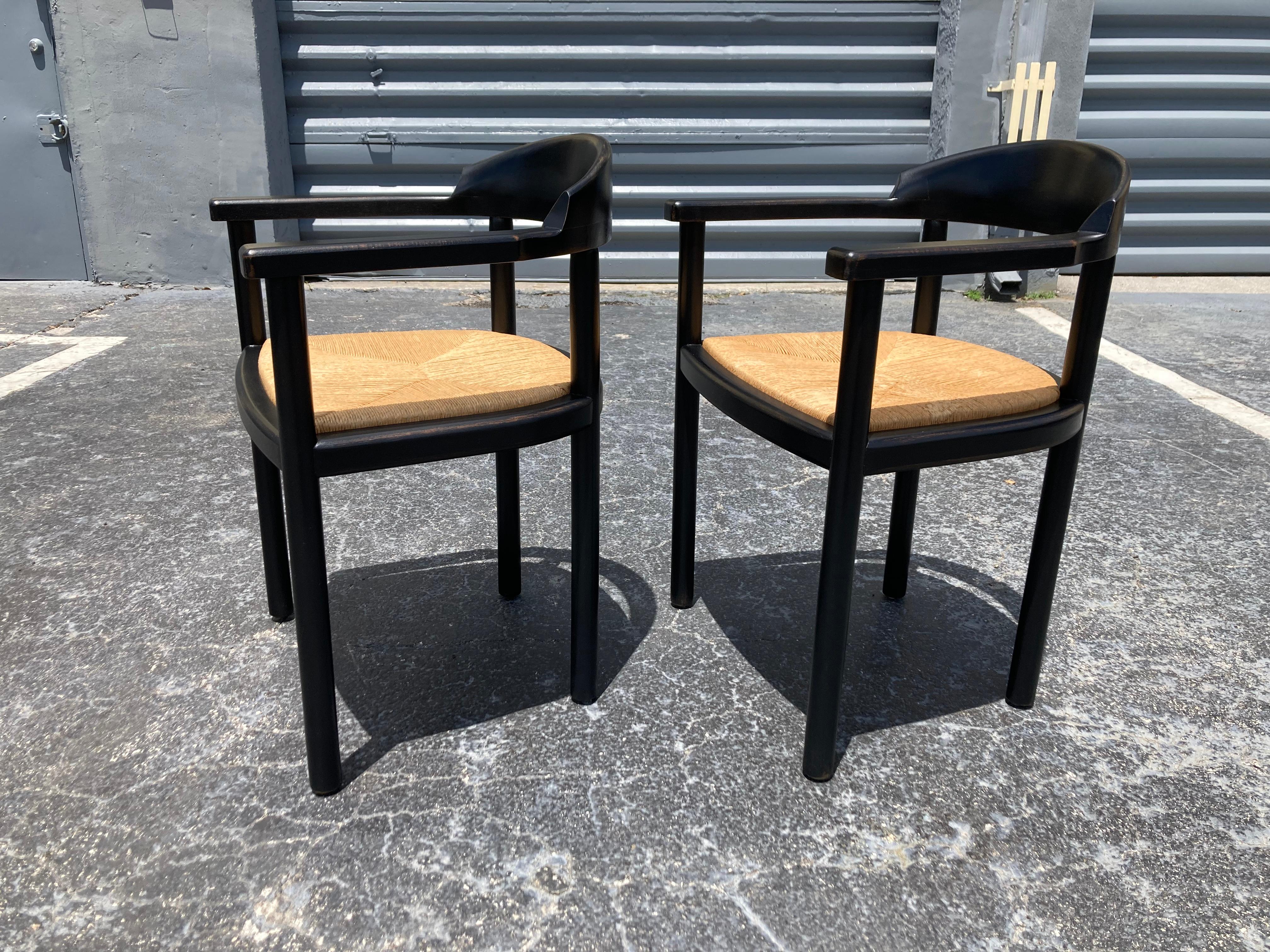Pair of Ebonized Wood Arm Chairs with Rush Seats, 1960s 3