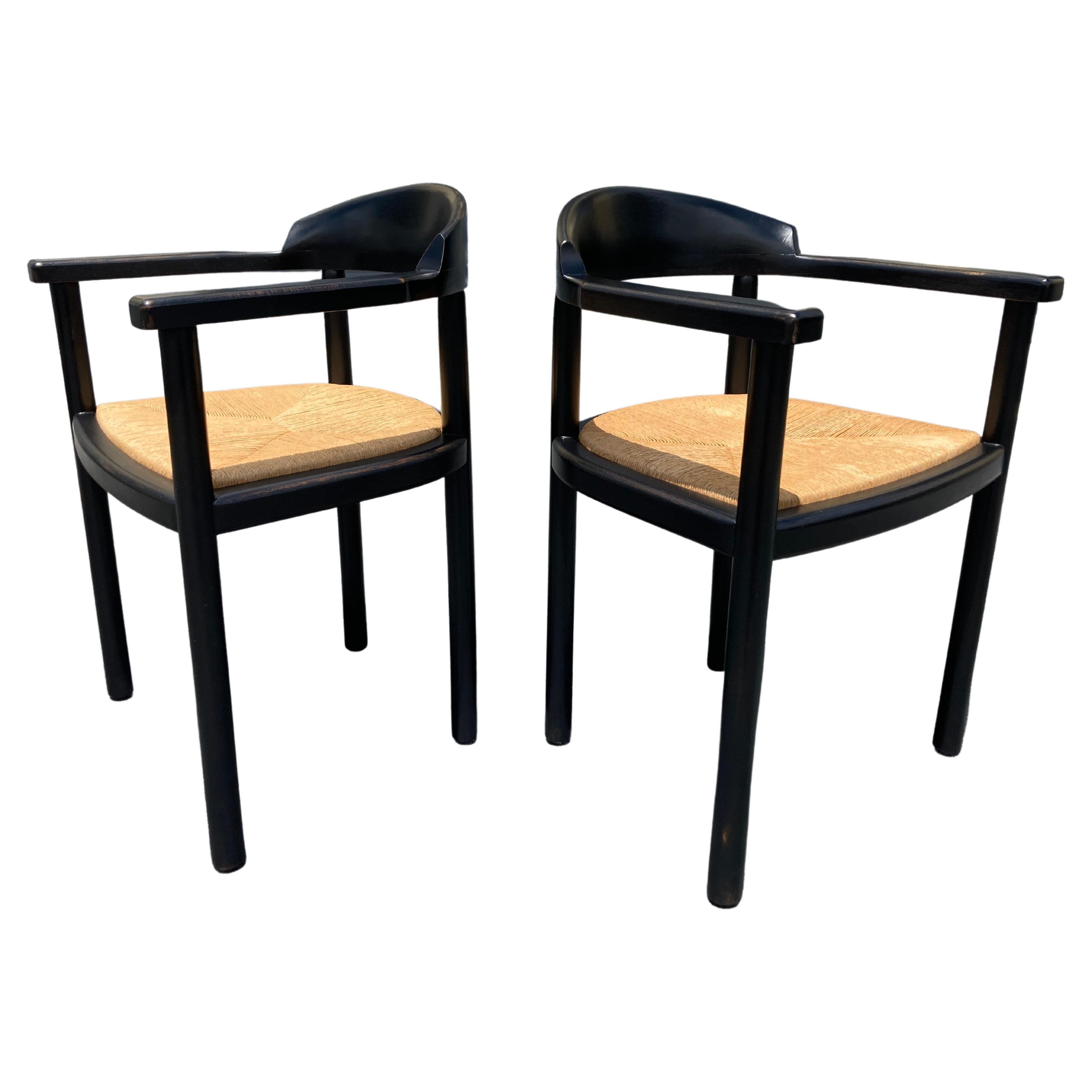 Pair of Ebonized Wood Arm Chairs with Rush Seats, 1960s