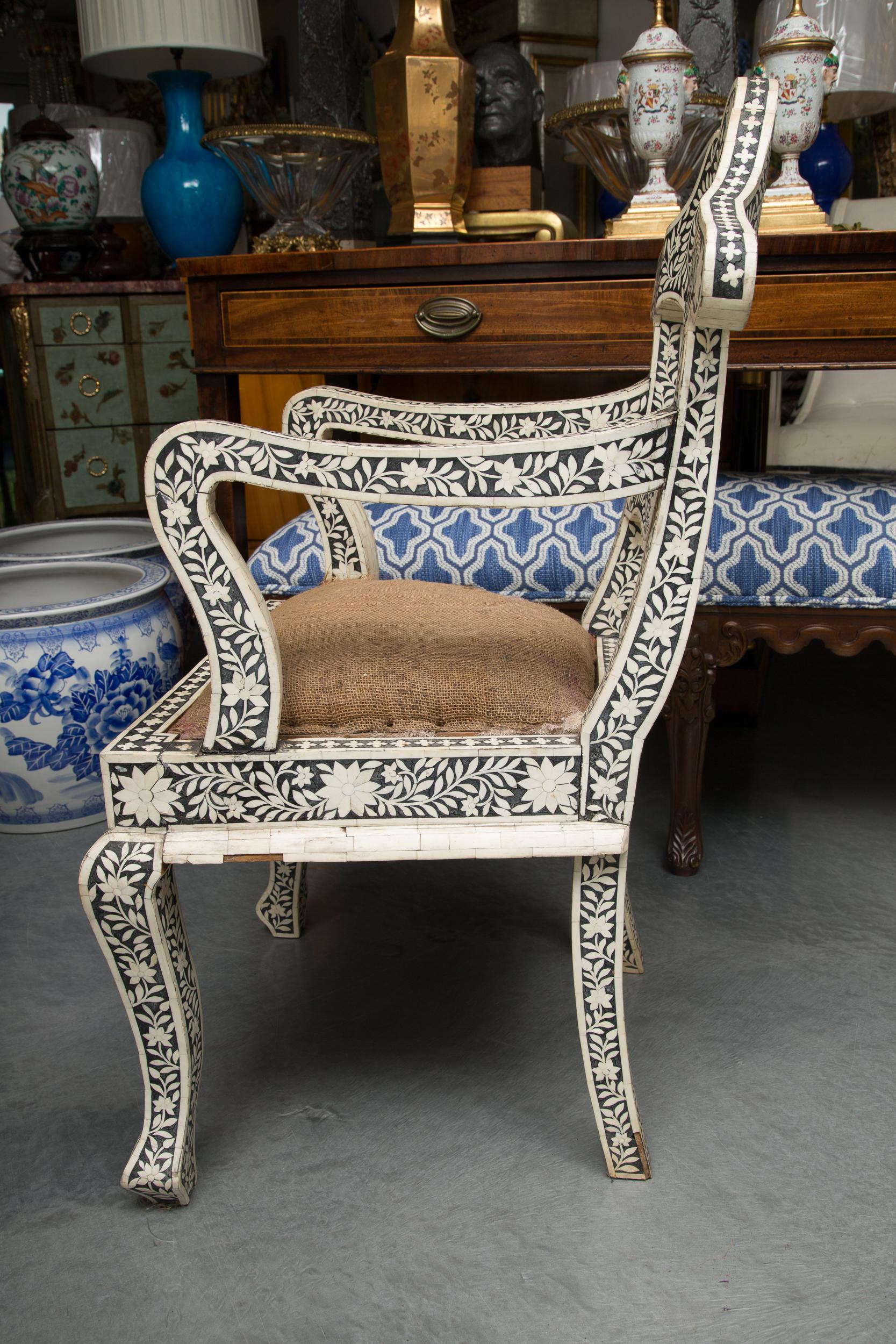 Pair of Ebony and Bone Inlaid Moroccan Armchairs In Good Condition In WEST PALM BEACH, FL