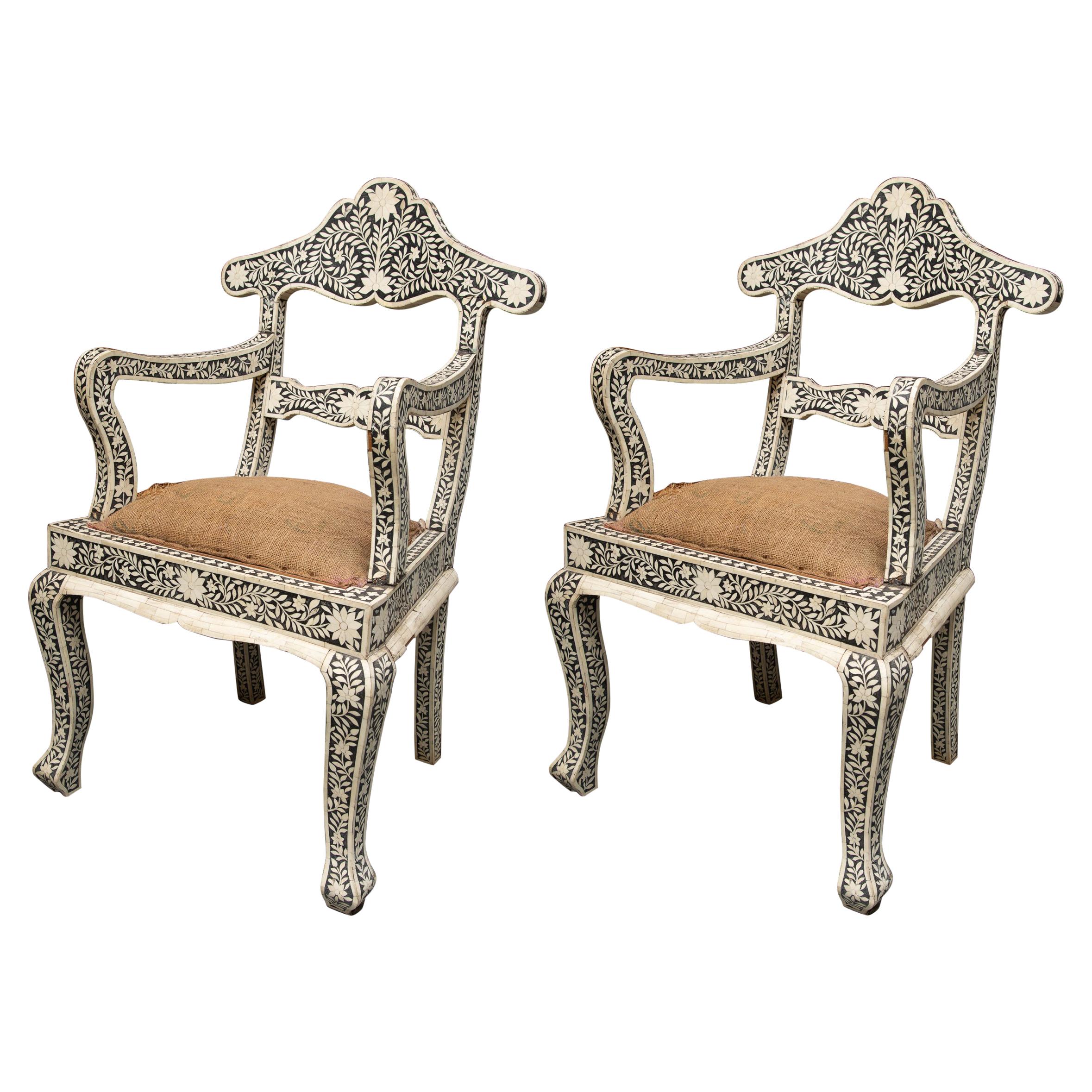 Pair of Ebony and Bone Inlaid Moroccan Armchairs