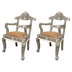 Pair of Ebony and Bone Inlaid Moroccan Armchairs