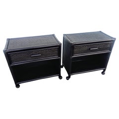Pair of Ebony Boho Chic Rattan and Bamboo Single Drawer Nightstands