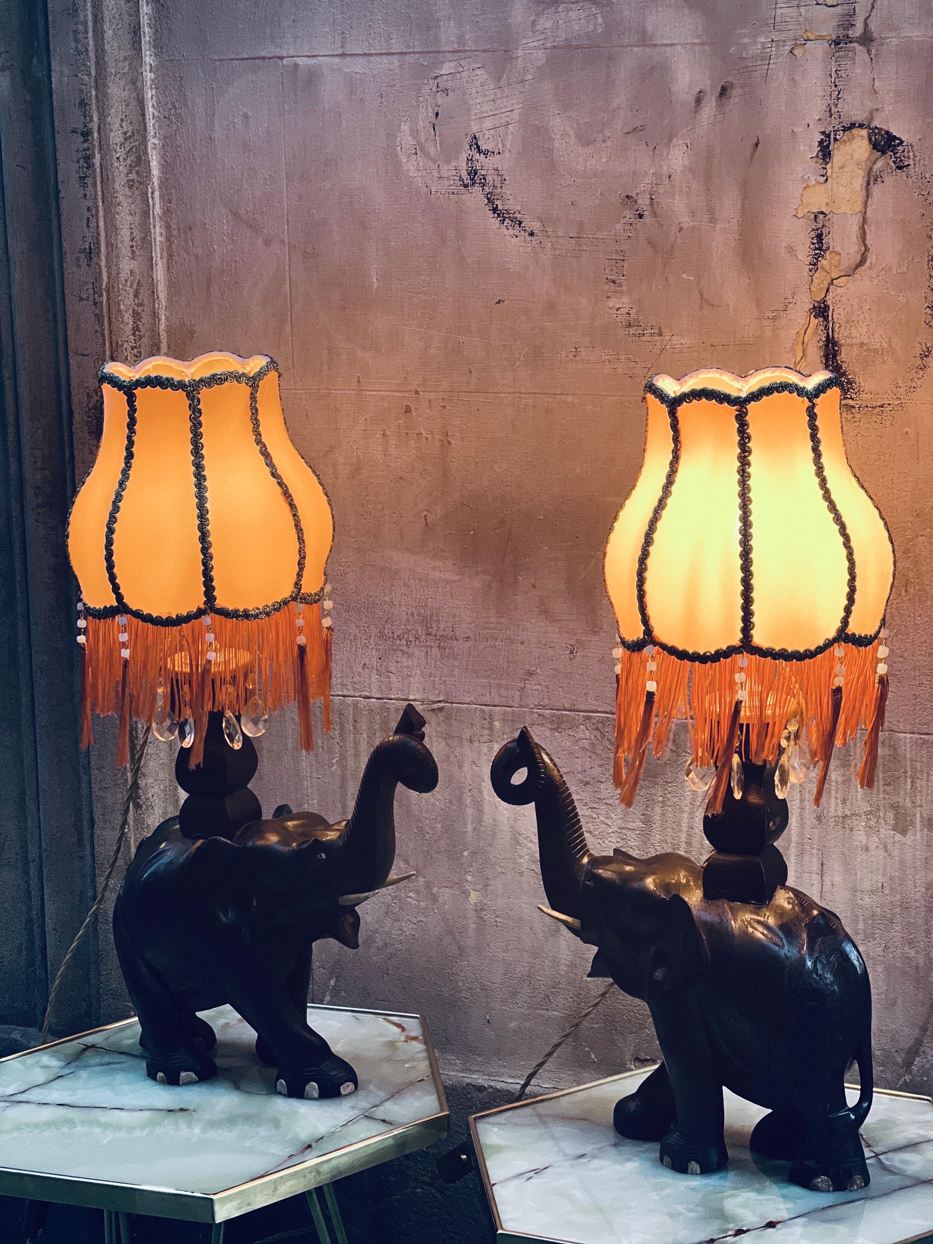 Pair of Ebony Elephants Table Lamps with Orange Lampshades and Fringes, 1920s 3