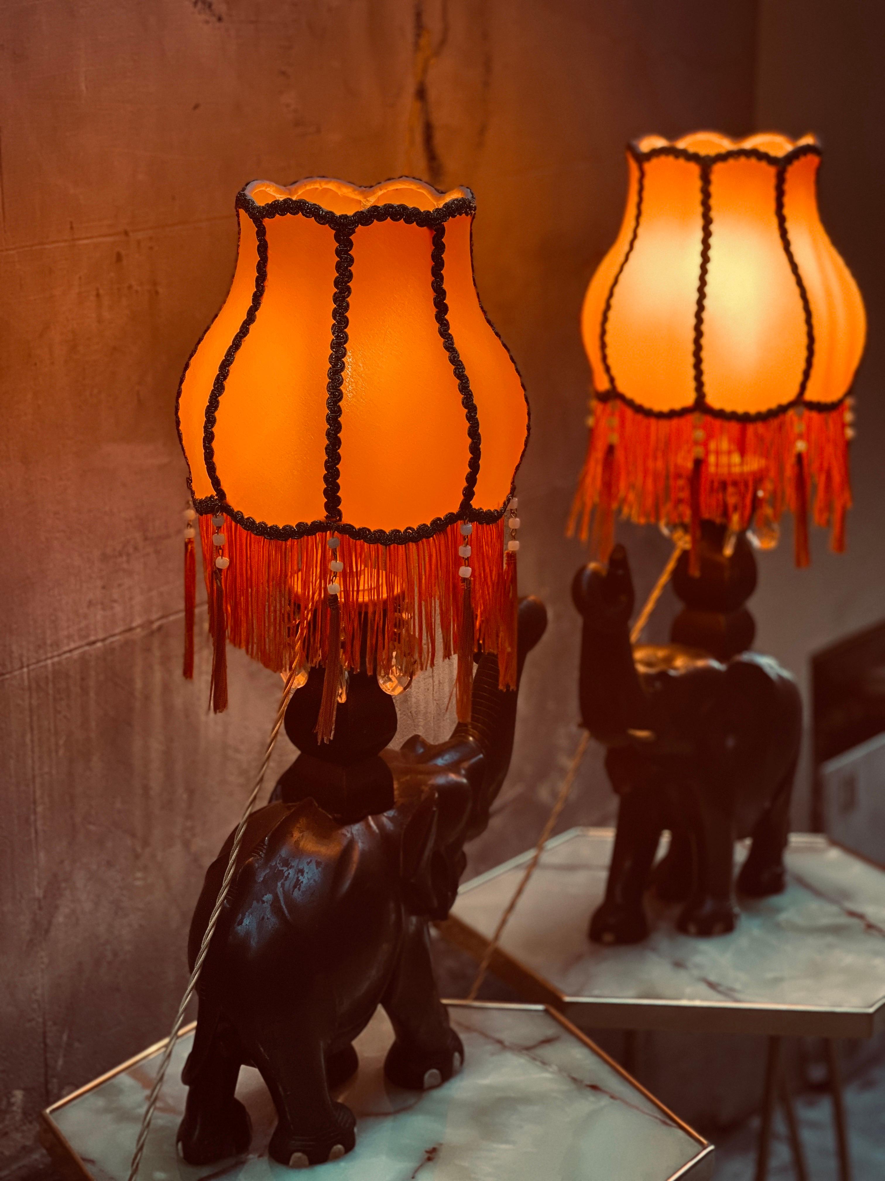 Pair of Ebony Elephants Table Lamps with Orange Lampshades and Fringes, 1920s 4