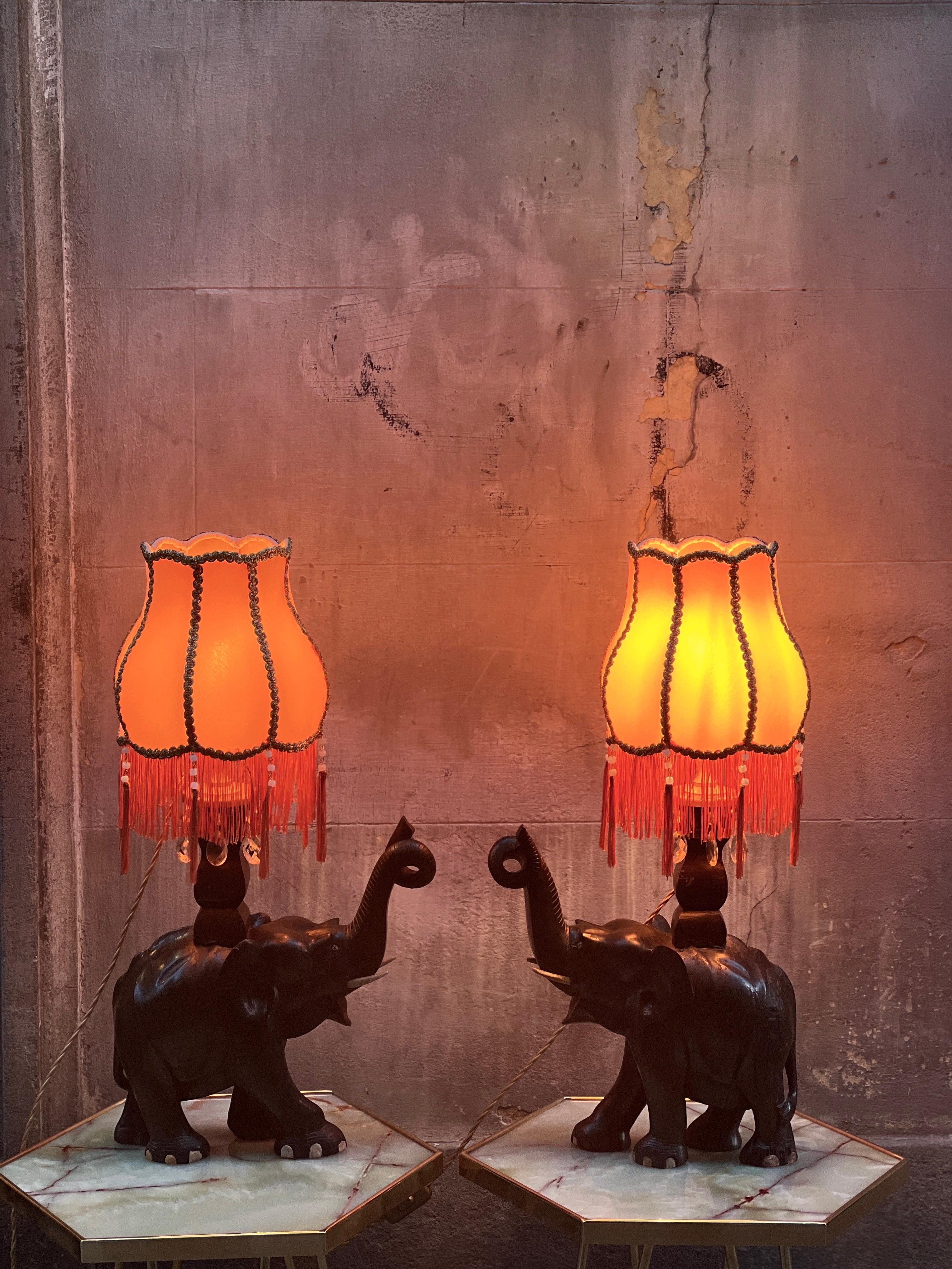 Pair of Ebony Elephants Table Lamps with Orange Lampshades and Fringes, 1920s 6