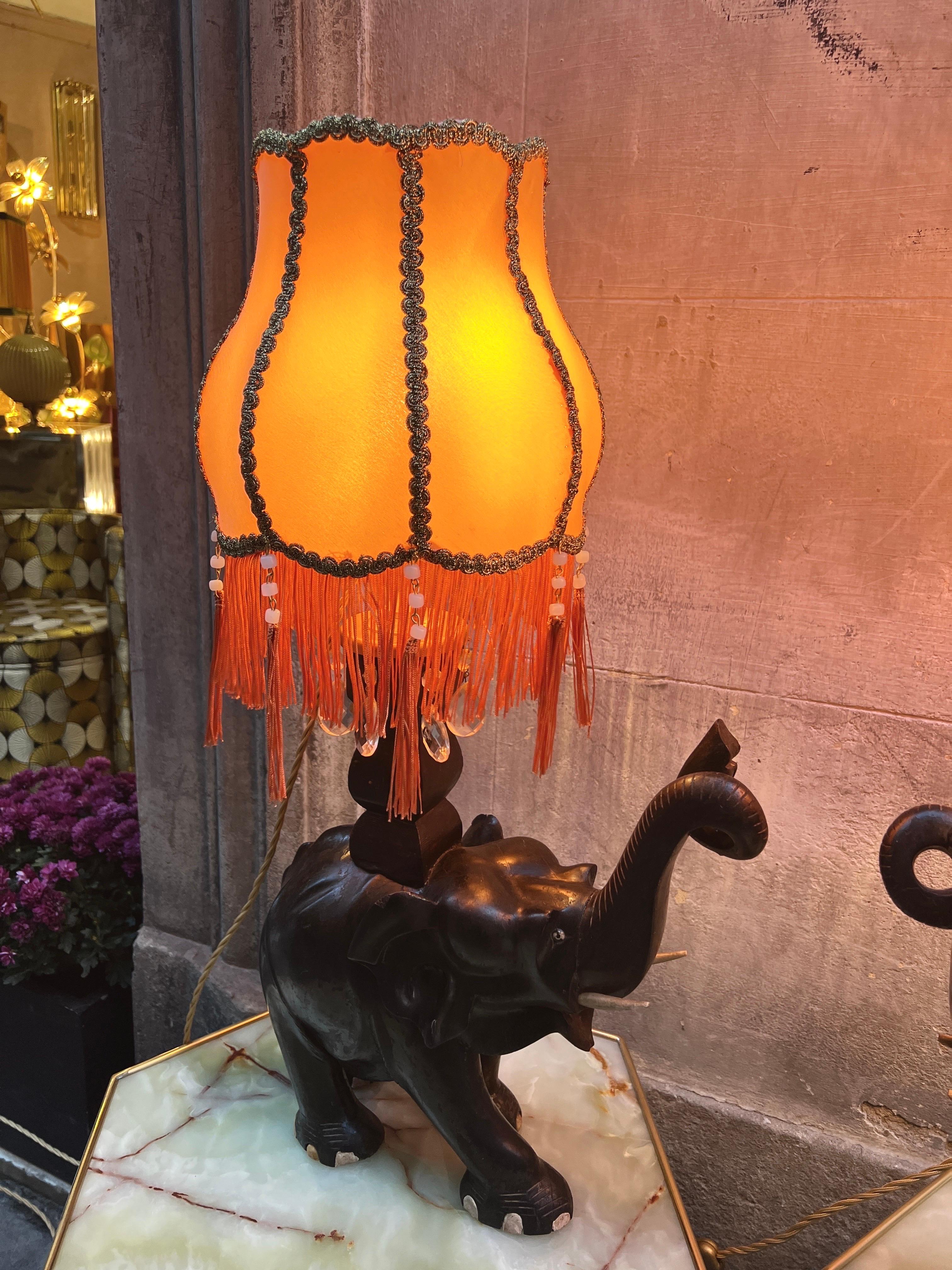 Pair of Ebony Elephants Table Lamps with Orange Lampshades and Fringes, 1920s 7