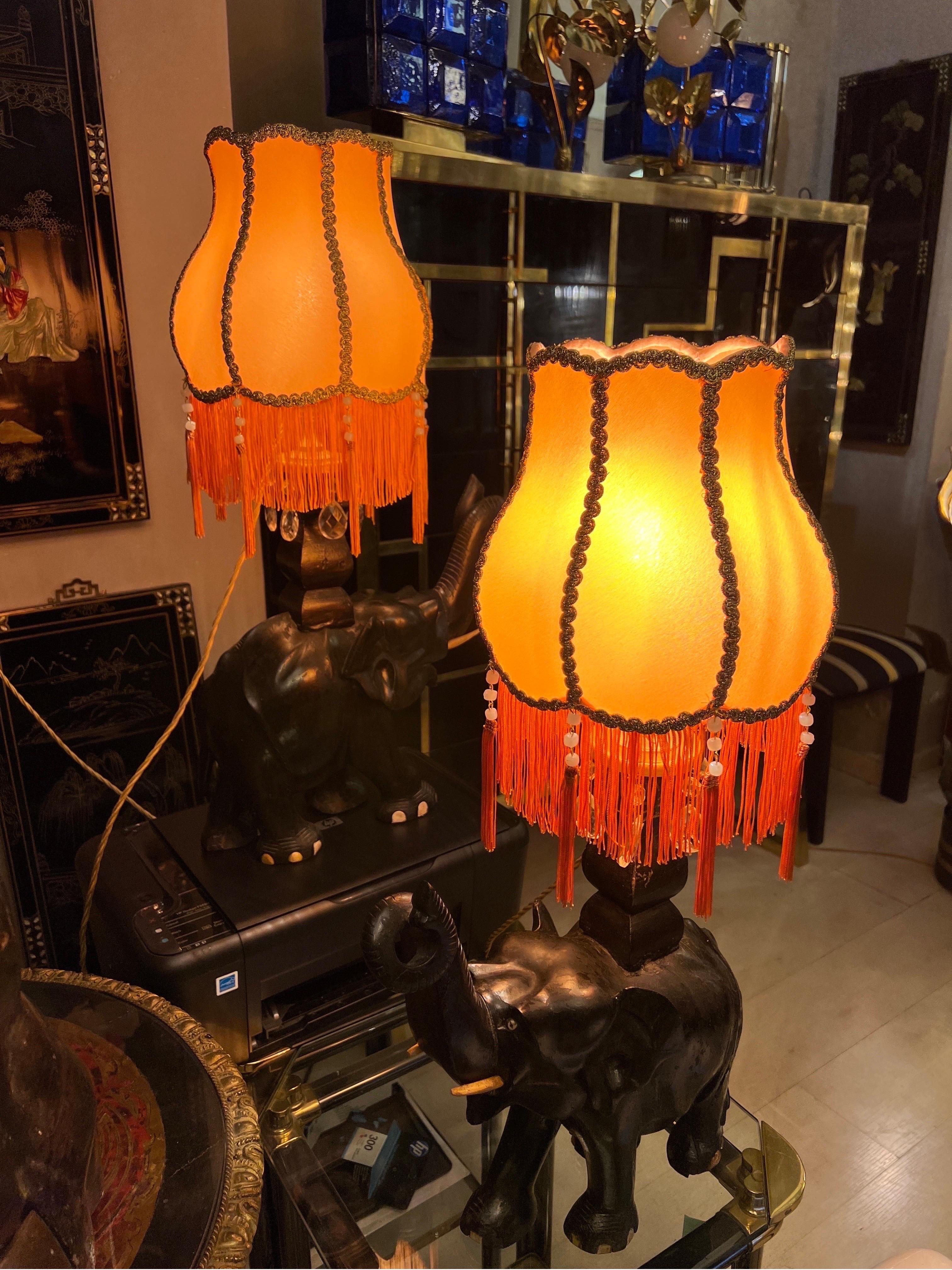 Pair of Ebony Elephants Table Lamps with Orange Lampshades and Fringes, 1920s 8
