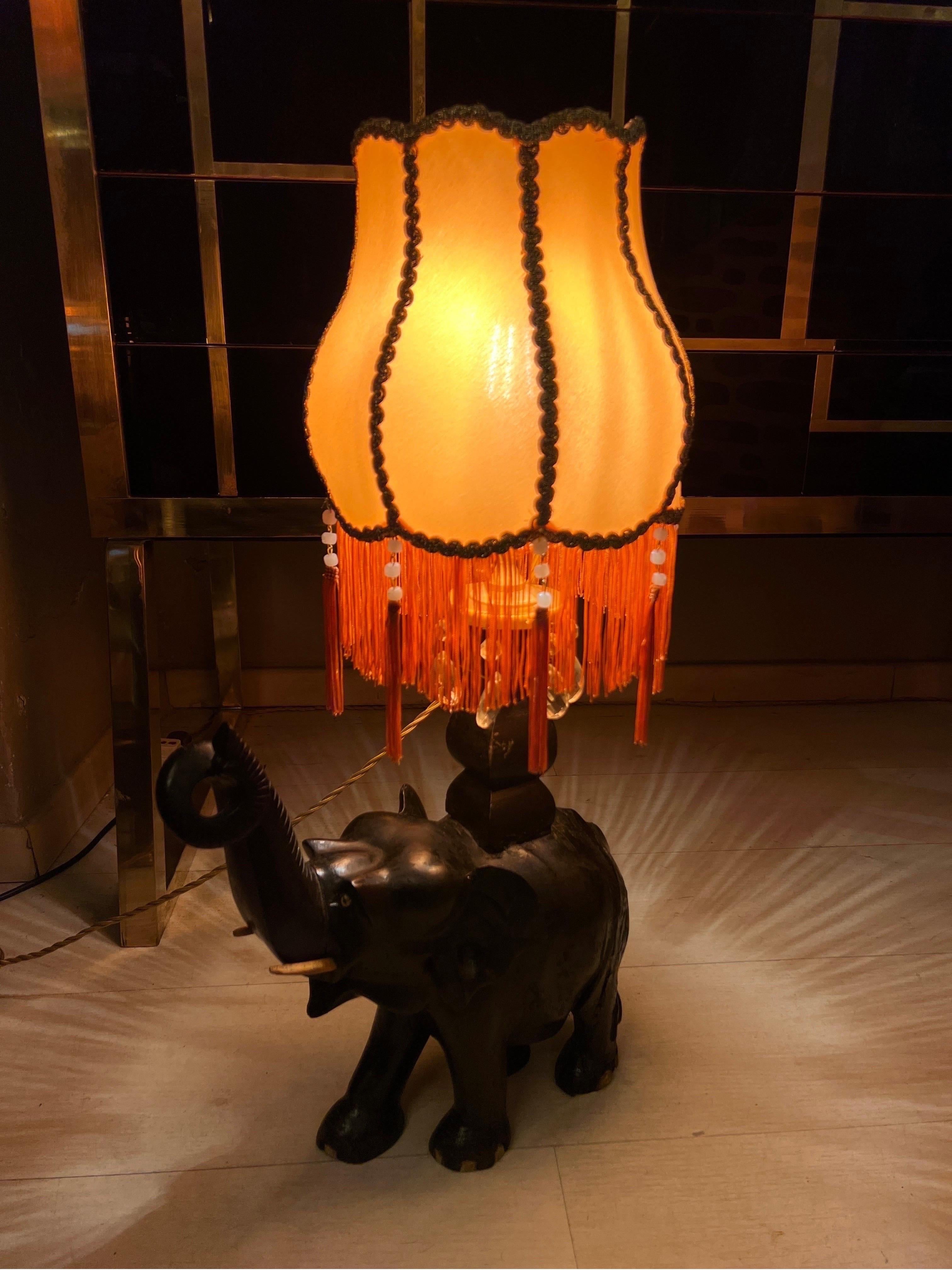 Pair of Ebony Elephants Table Lamps with Orange Lampshades and Fringes, 1920s 9