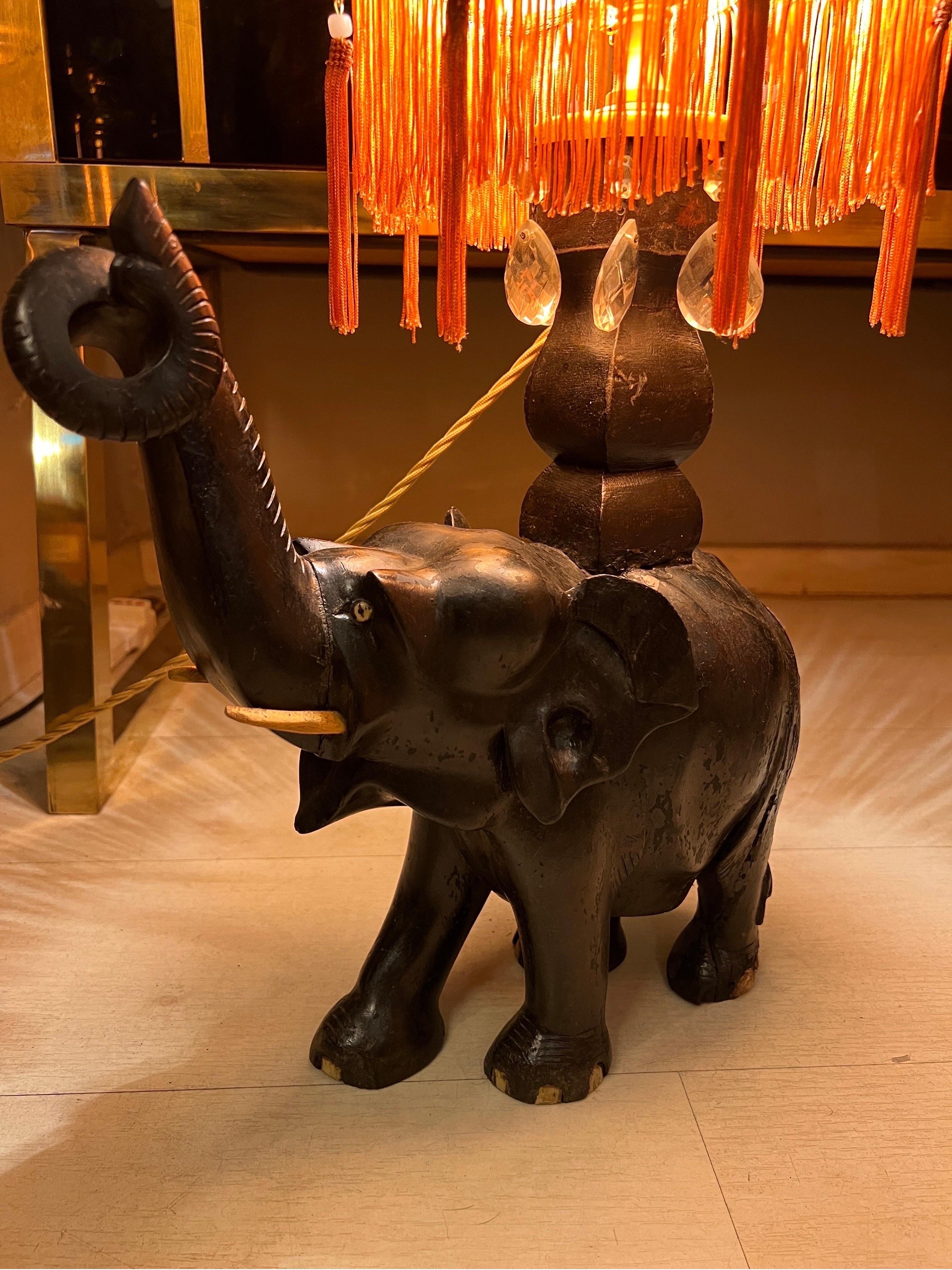 Pair of Ebony Elephants Table Lamps with Orange Lampshades and Fringes, 1920s 10