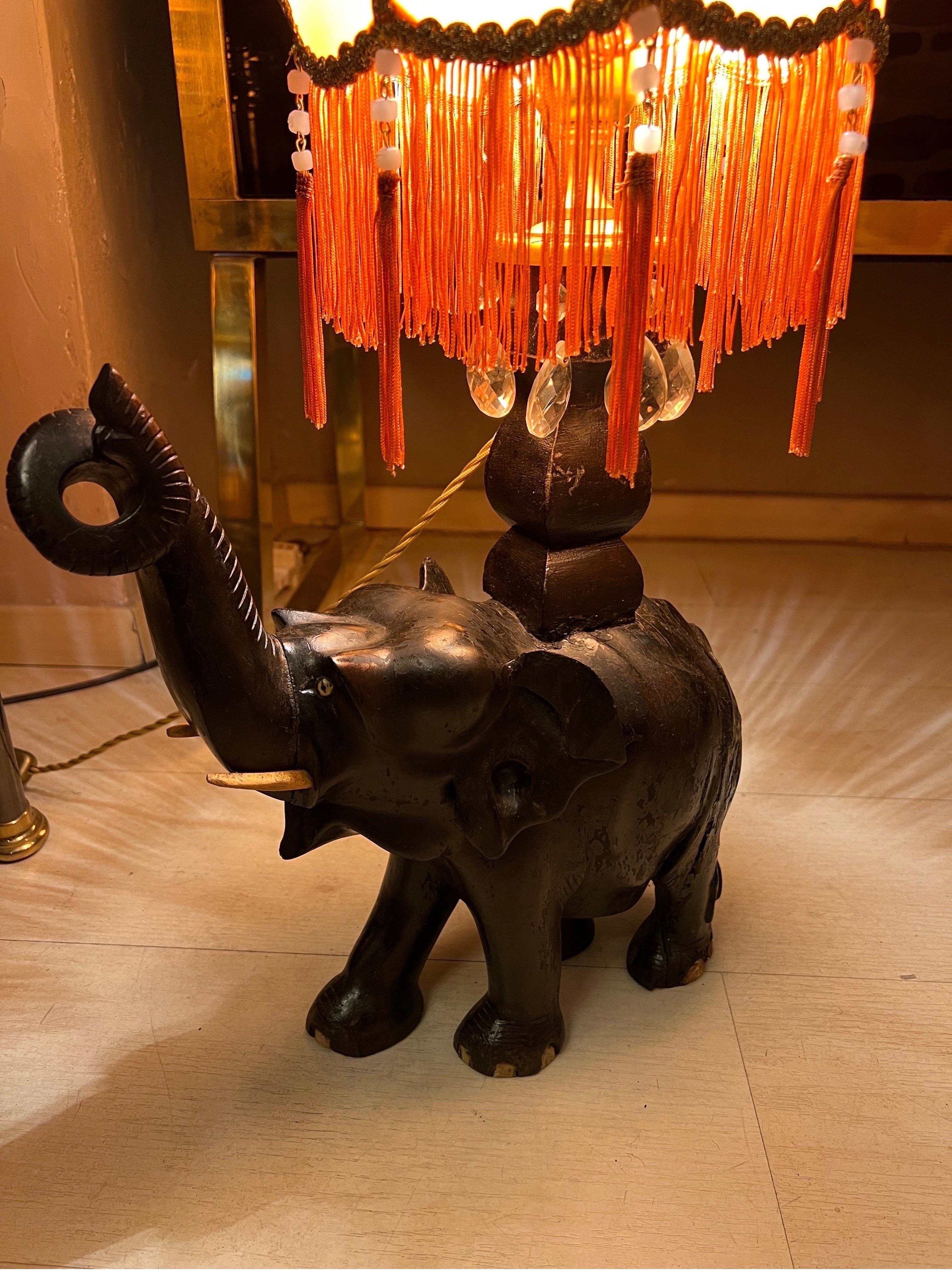 Pair of Ebony Elephants Table Lamps with Orange Lampshades and Fringes, 1920s 11