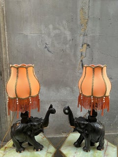 Pair of Ebony Elephants Table Lamps with Orange Lampshades and Fringes, 1920s