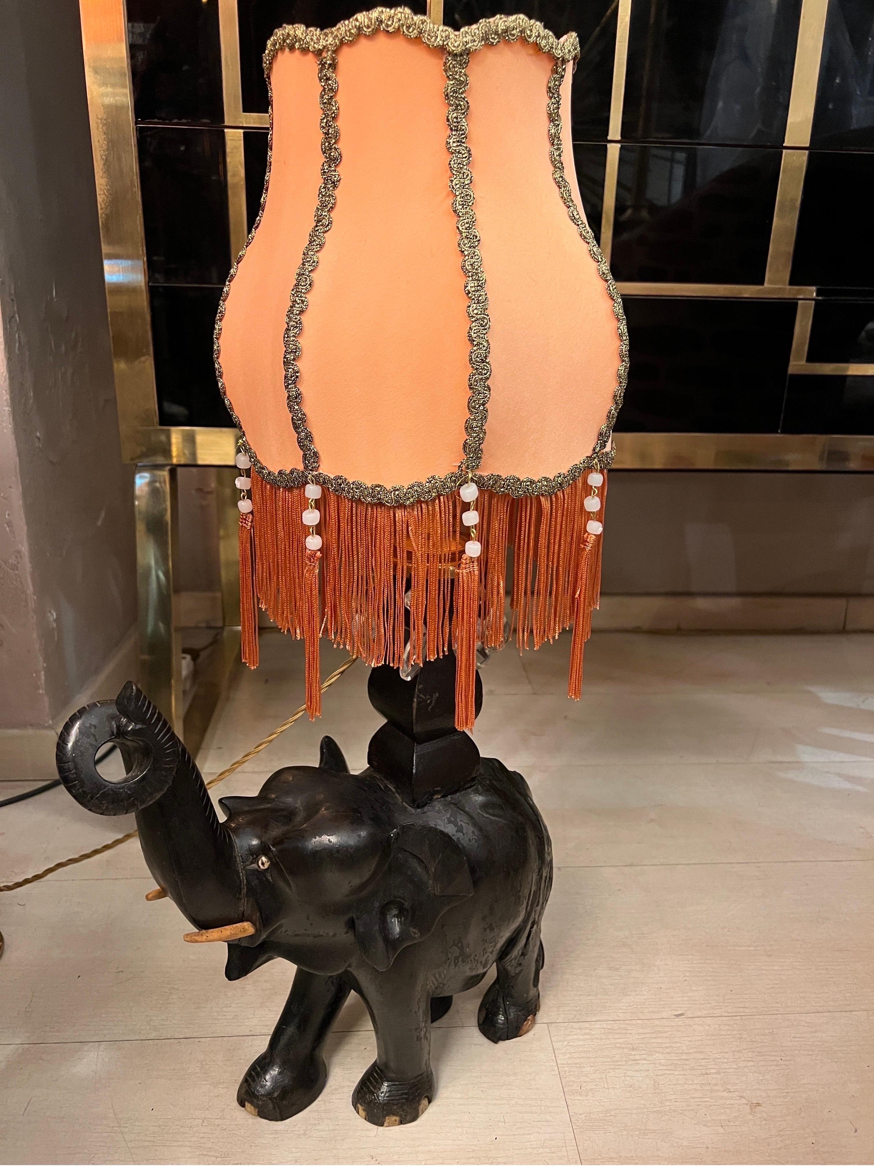 Pair of Ebony Elephants Table Lamps with Orange Lampshades and Fringes, 1920s 13