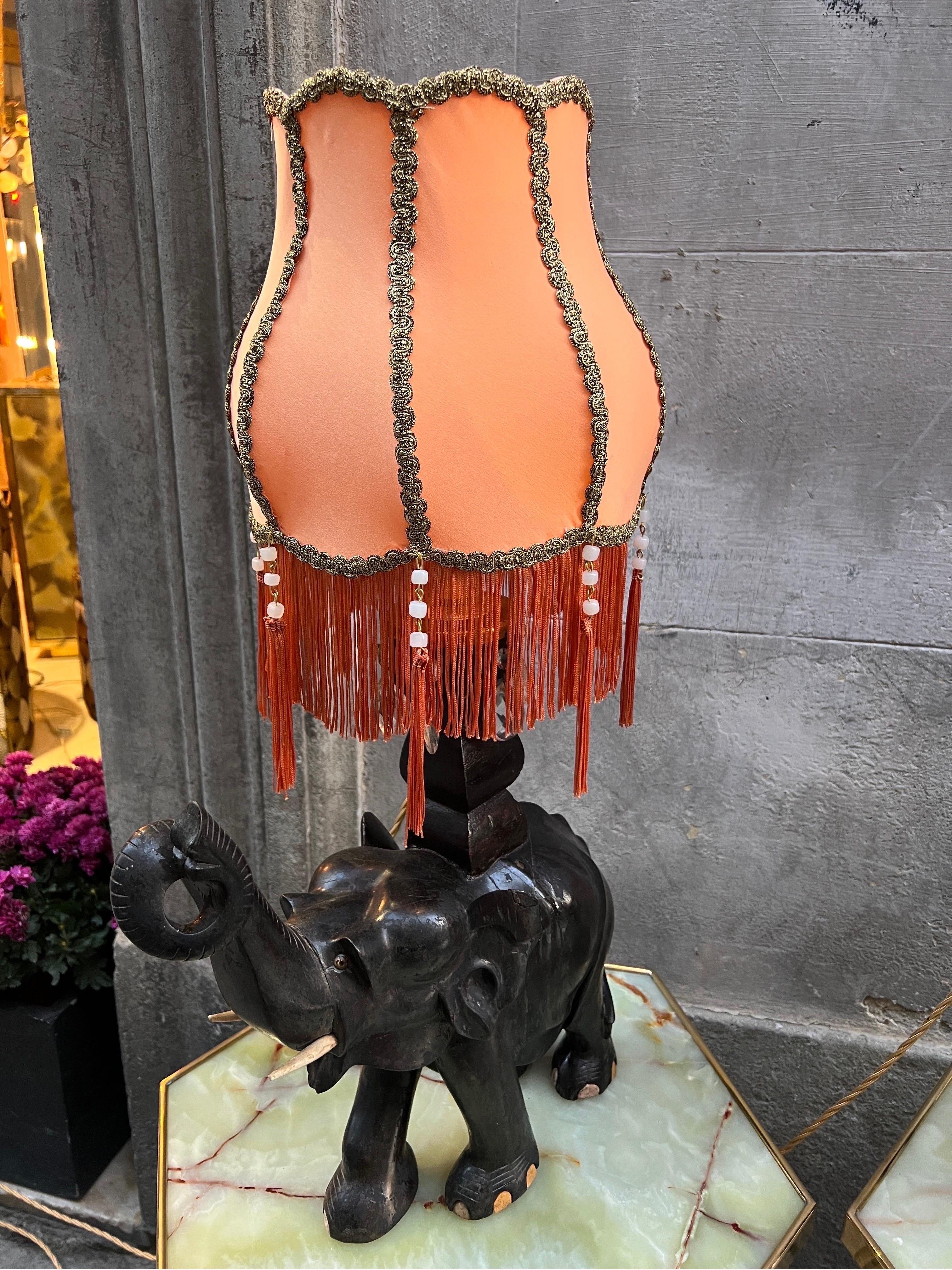 Art Nouveau Pair of Ebony Elephants Table Lamps with Orange Lampshades and Fringes, 1920s