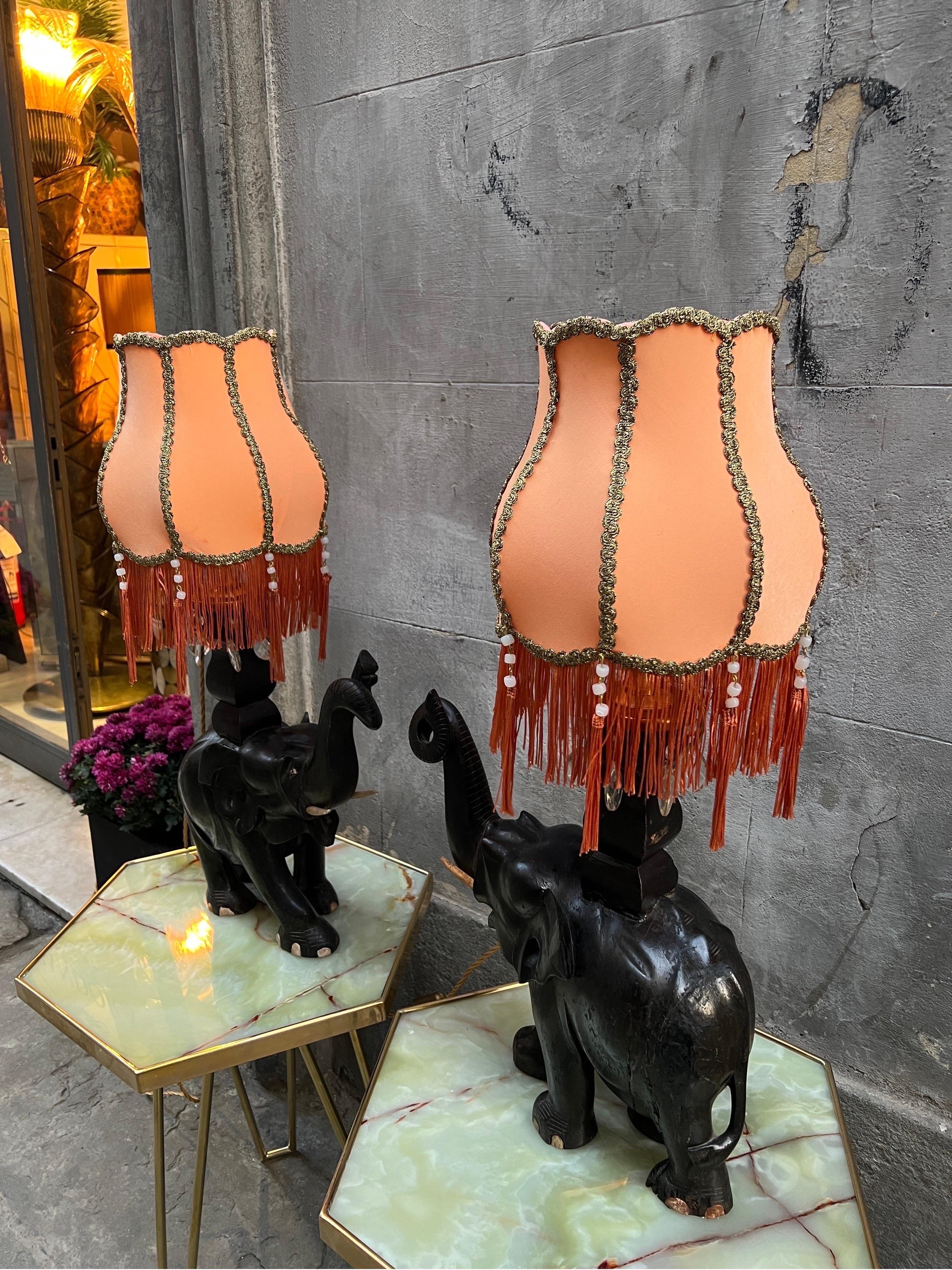 Pair of Ebony Elephants Table Lamps with Orange Lampshades and Fringes, 1920s In Good Condition In Florence, IT