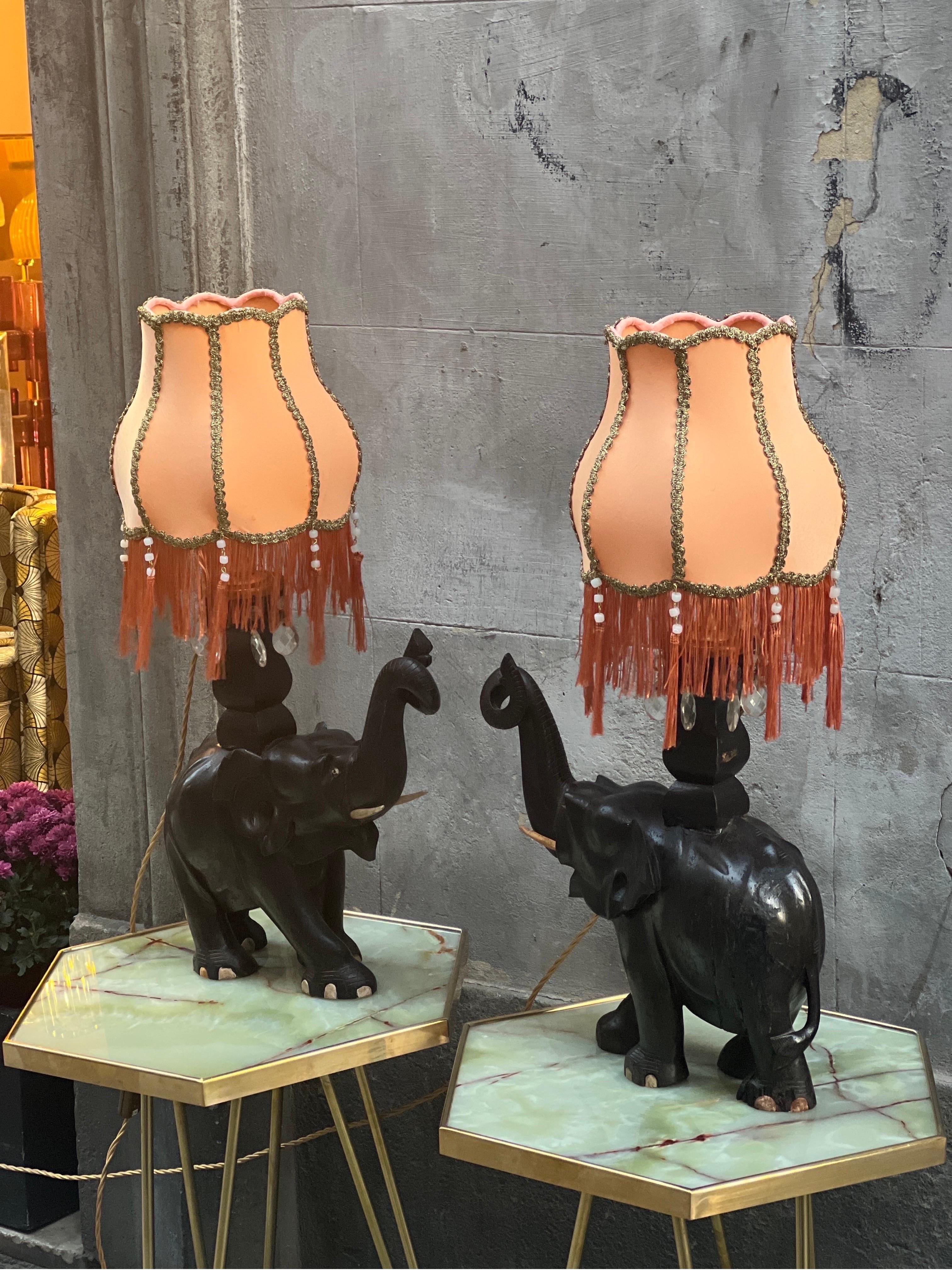 20th Century Pair of Ebony Elephants Table Lamps with Orange Lampshades and Fringes, 1920s