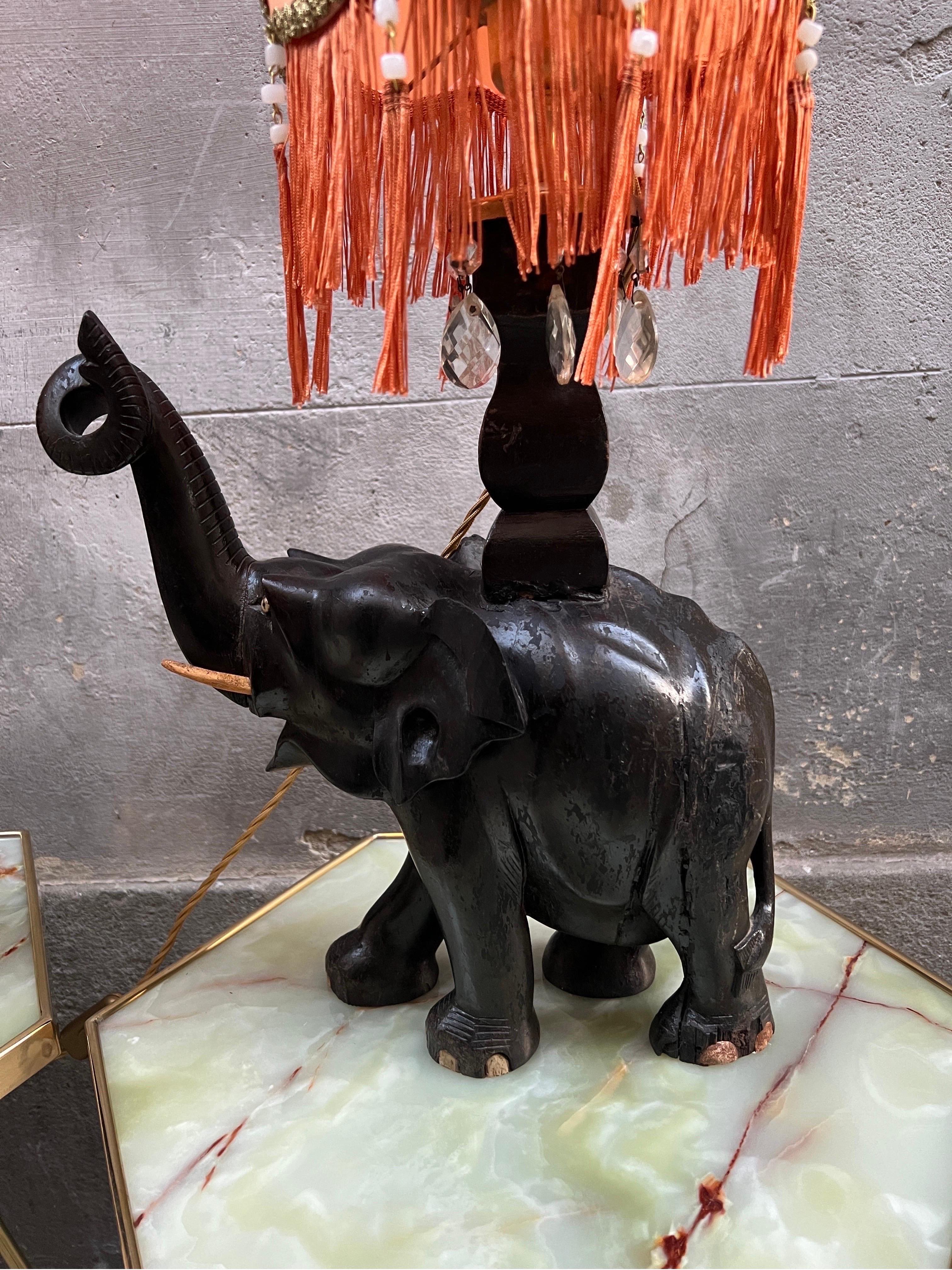 Pair of Ebony Elephants Table Lamps with Orange Lampshades and Fringes, 1920s 1