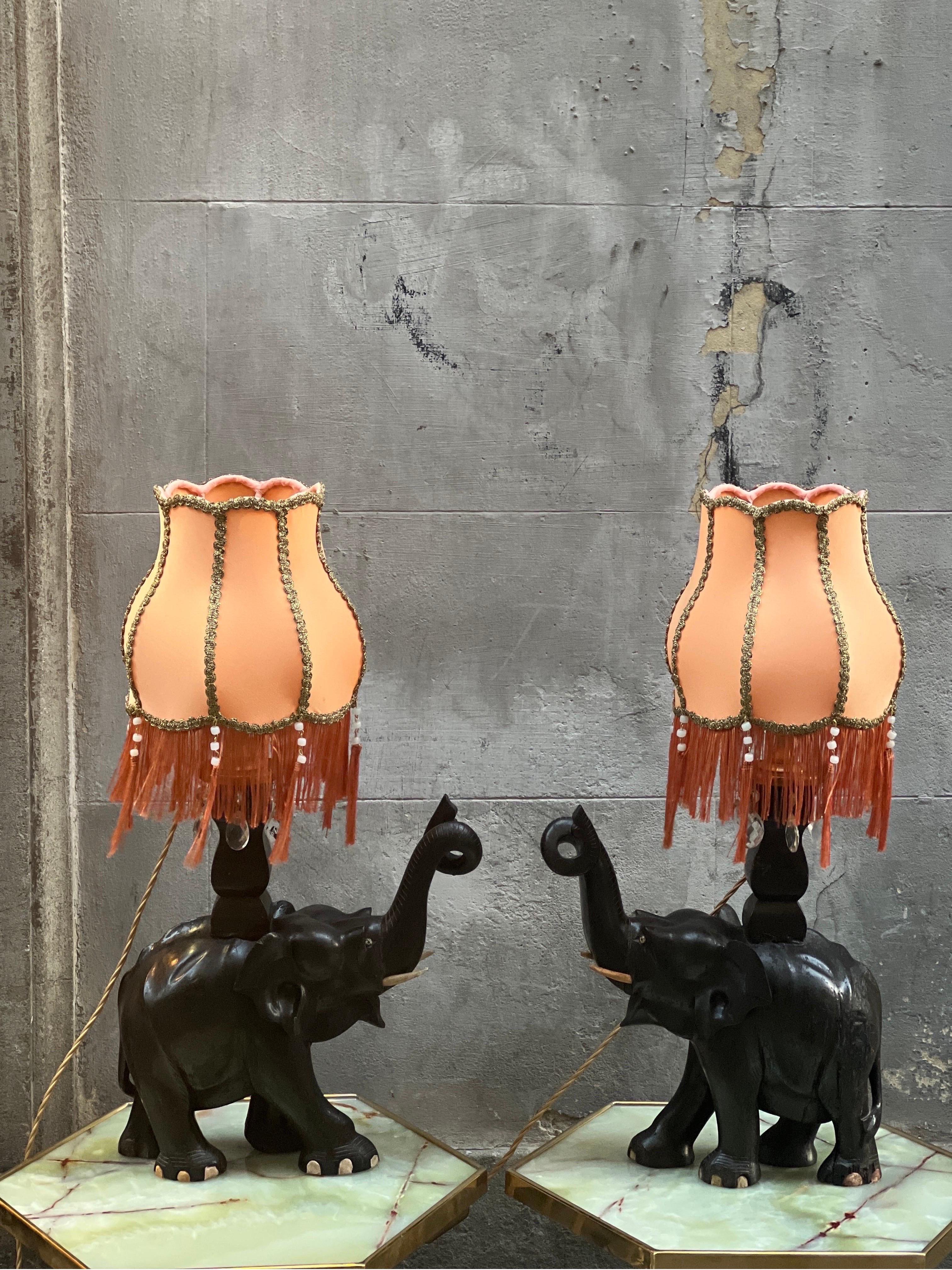 Pair of Ebony Elephants Table Lamps with Orange Lampshades and Fringes, 1920s 2