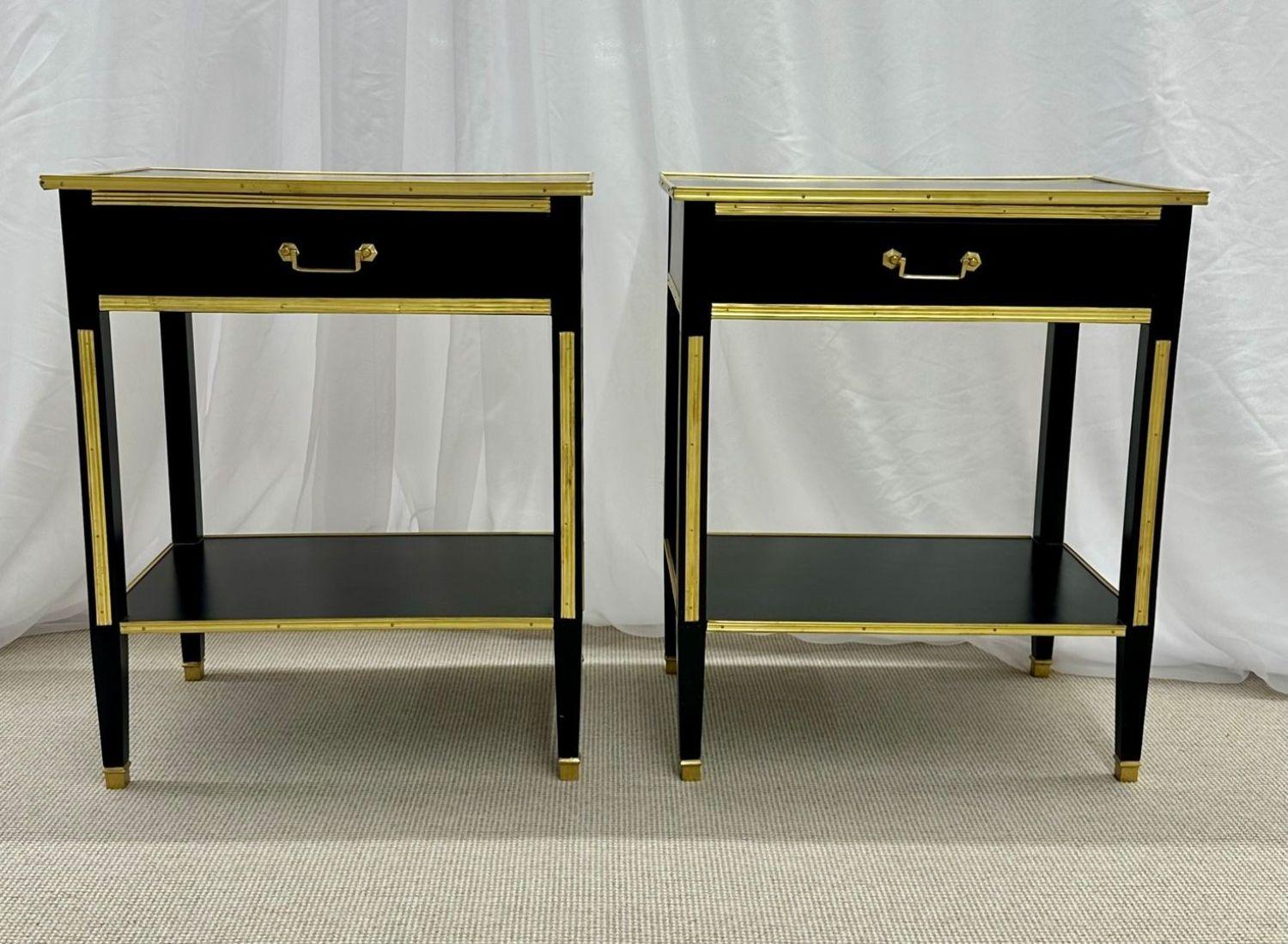 Pair of ebony end / side tables, night tables, Maison Jansen Style, Hollywood Regency. 

Pair of one drawer Russian style bronze-mounted end tables or night stands. Having been professionally polished and touched up this fine pair of Russian