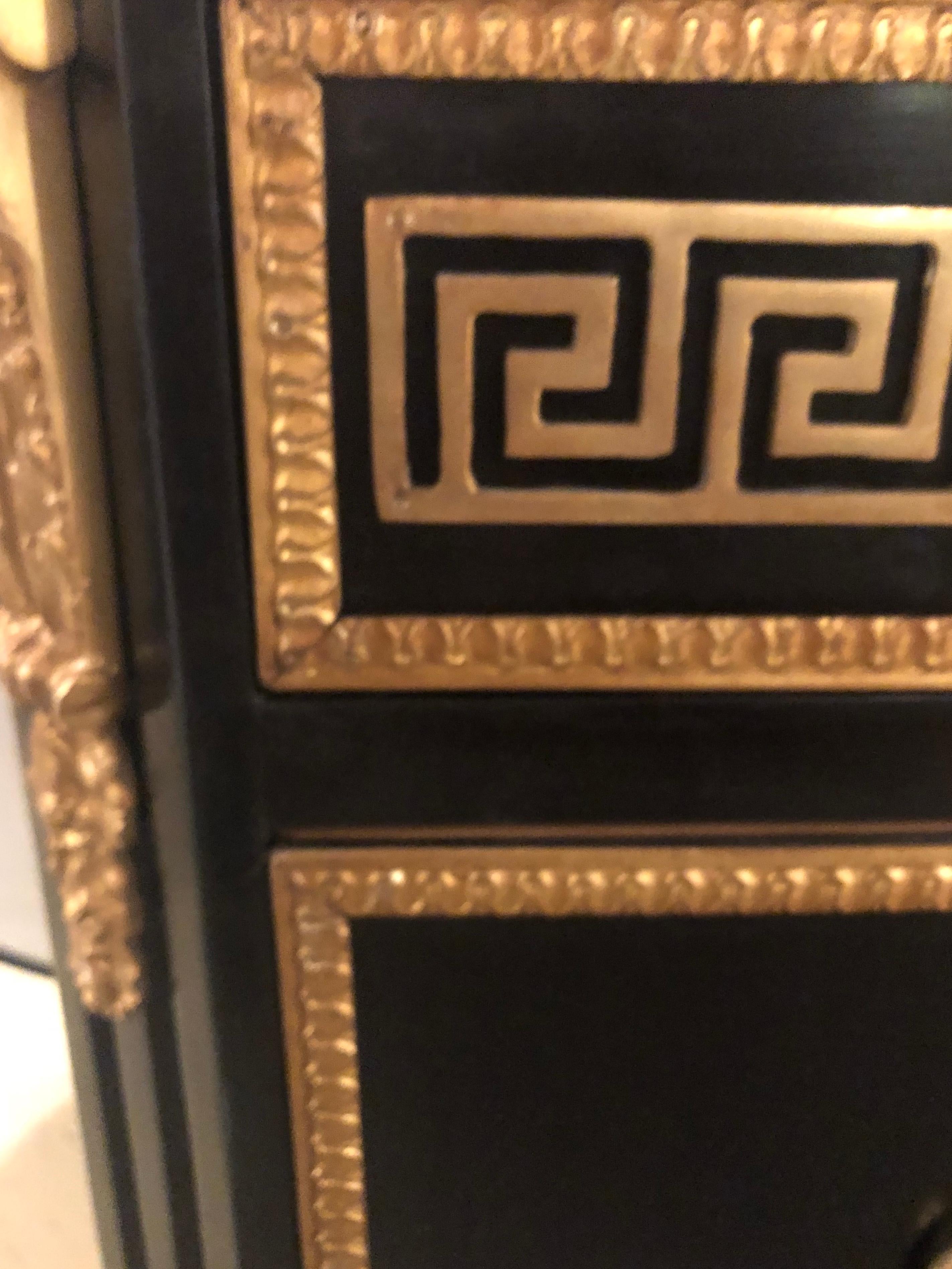 Pair of Ebony Hollywood Regency Jansen Style Greek Key Marble-Top Commodes 7