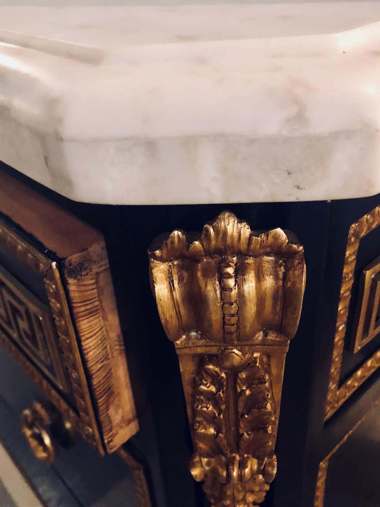 Pair of Ebony Hollywood Regency Jansen Style Greek Key Marble-Top Commodes 11