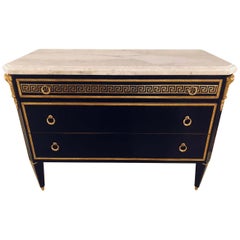 Pair of Ebony Hollywood Regency Jansen Style Greek Key Marble-Top Commodes