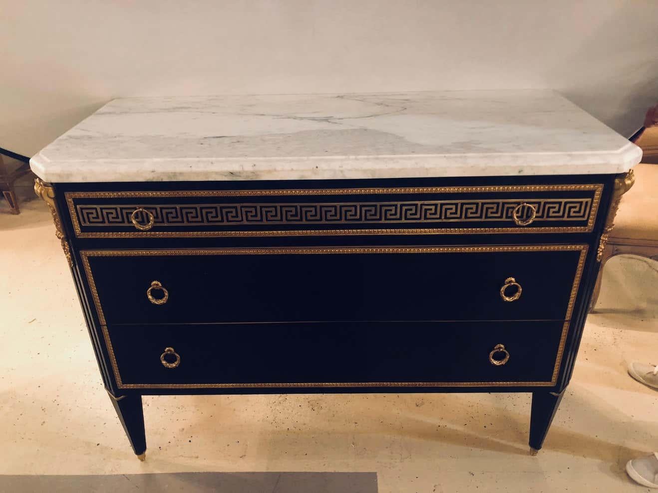 Pair of Ebony Hollywood Regency Jansen Style Greek Key Marble-Top Commodes In Good Condition In Manhasset, NY