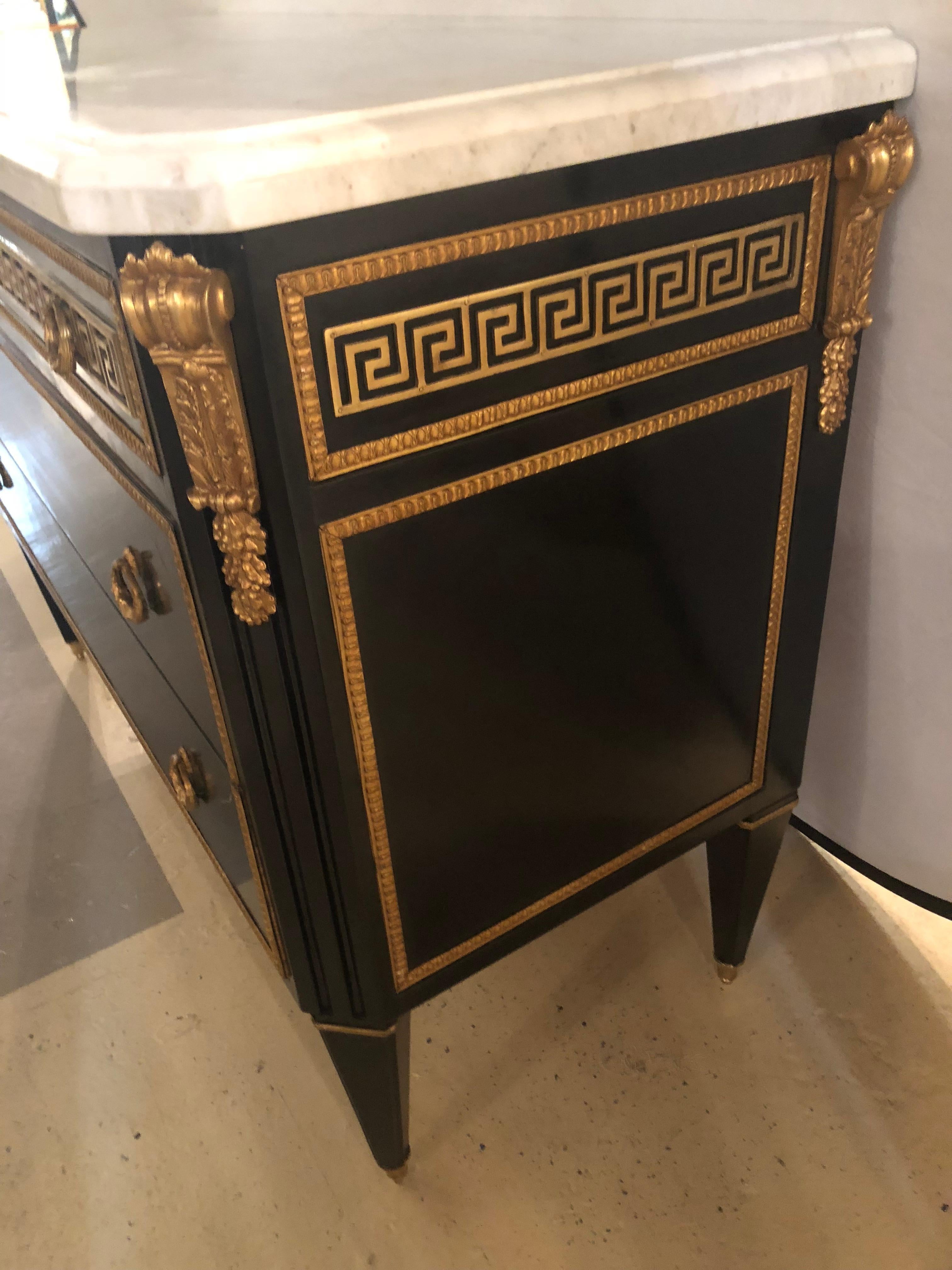 Pair of Ebony Hollywood Regency Jansen Style Greek Key Marble-Top Commodes 3