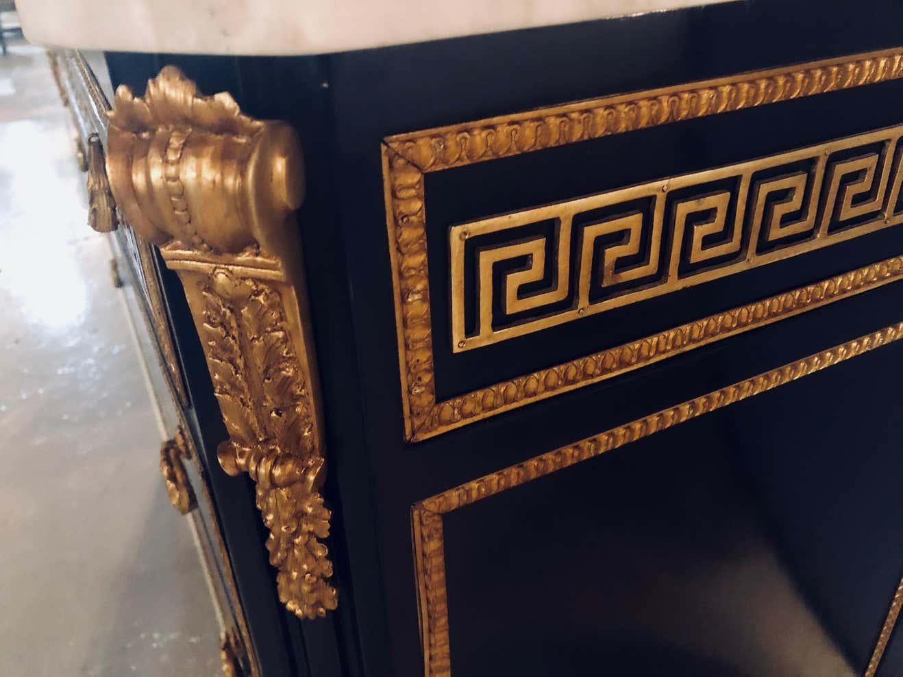 Pair of Ebony Hollywood Regency Jansen Style Greek Key Marble-Top Commodes 4
