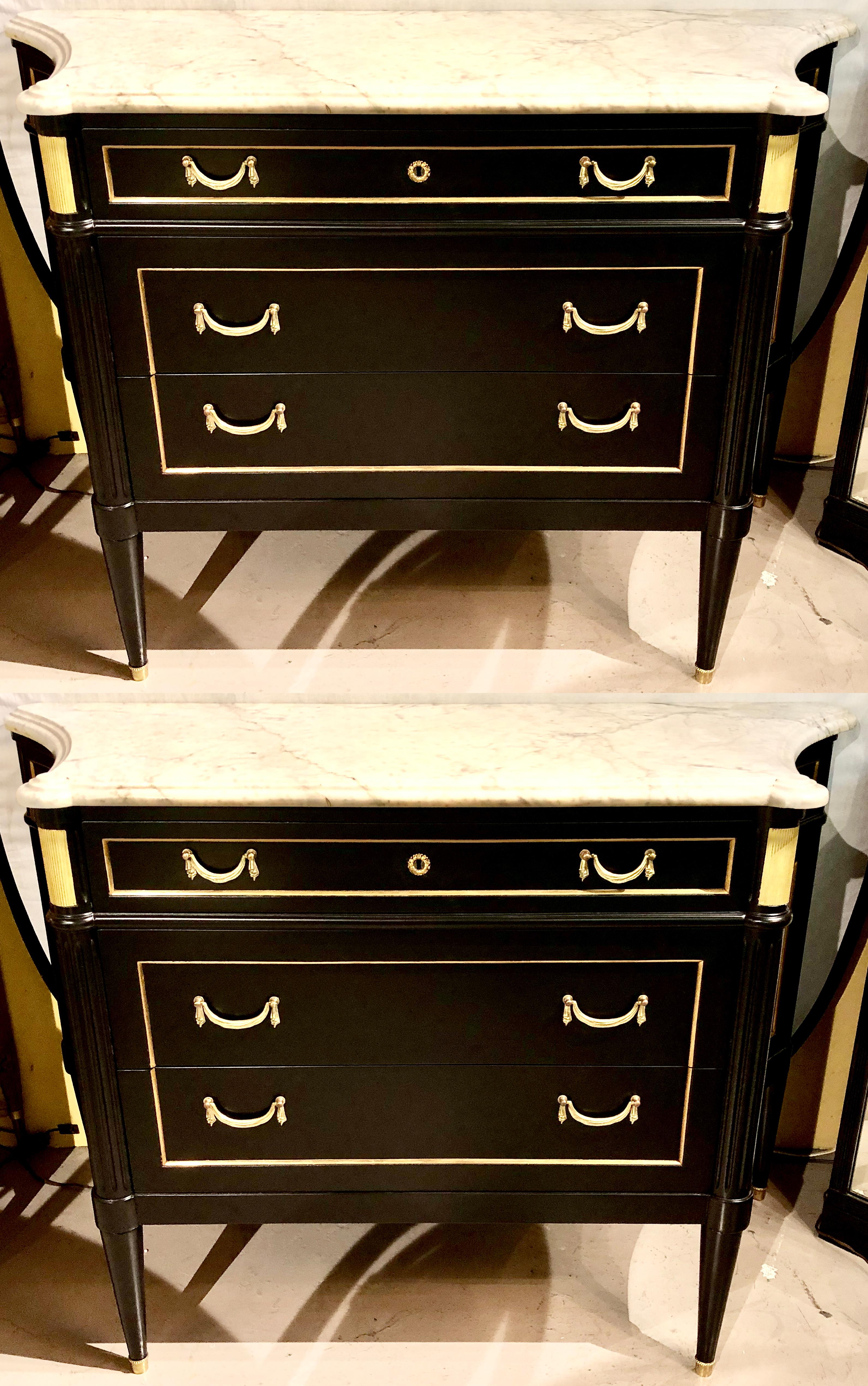 Ebony Hollywood Regency Style Marble-Top Commodes Maison Jansen Attributed, Pair 14