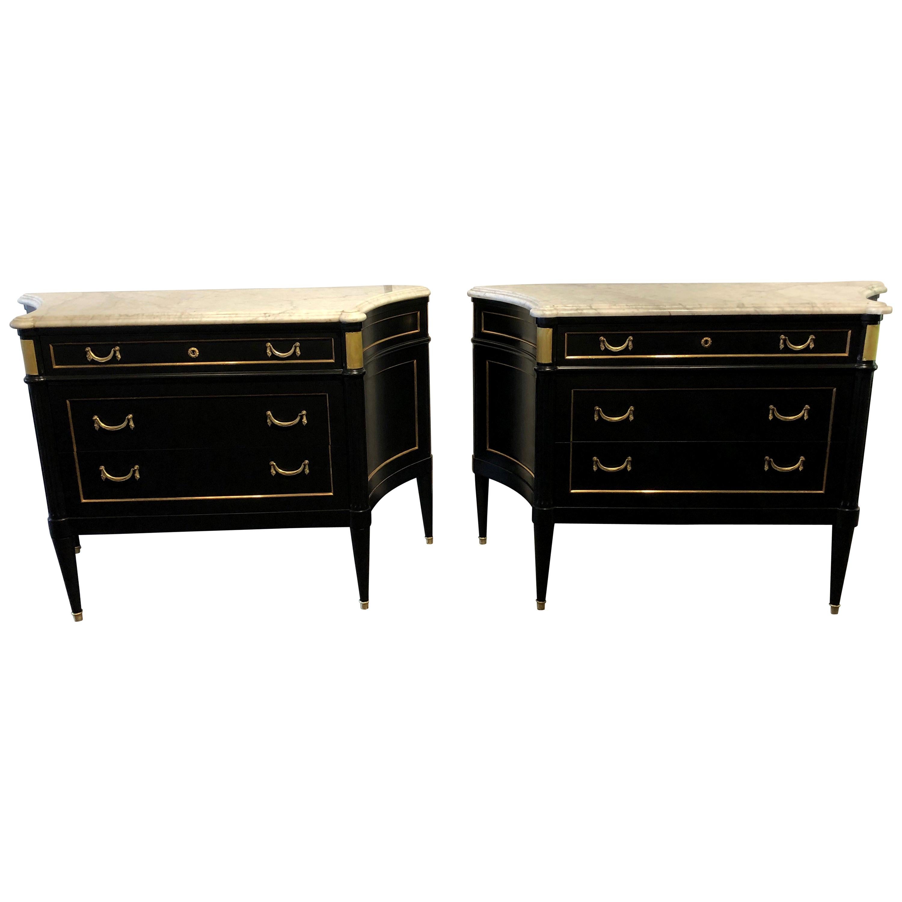 Ebony Hollywood Regency Style Marble-Top Commodes Maison Jansen Attributed, Pair