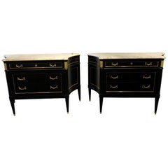 Ebony Hollywood Regency Style Marble-Top Commodes Maison Jansen Attributed, Pair