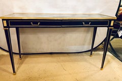 Pair of Ebony Maison Jansen Style Mirror Top 2 Drawer Console with Bronze Mounts