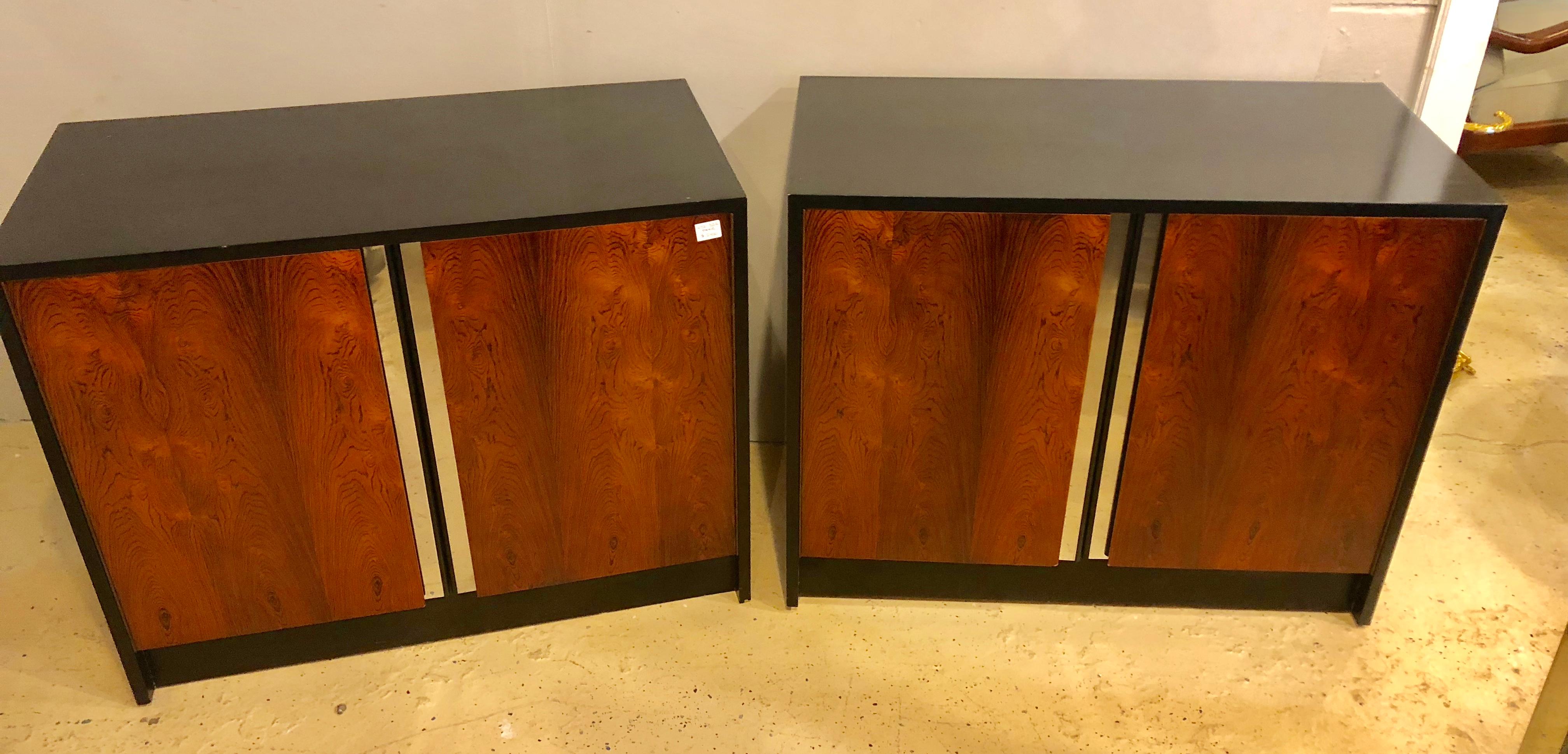 Mid-Century Modern Pair of Ebony & Rosewood Commodes or Nightstands with Chrome Trim Baughman Look