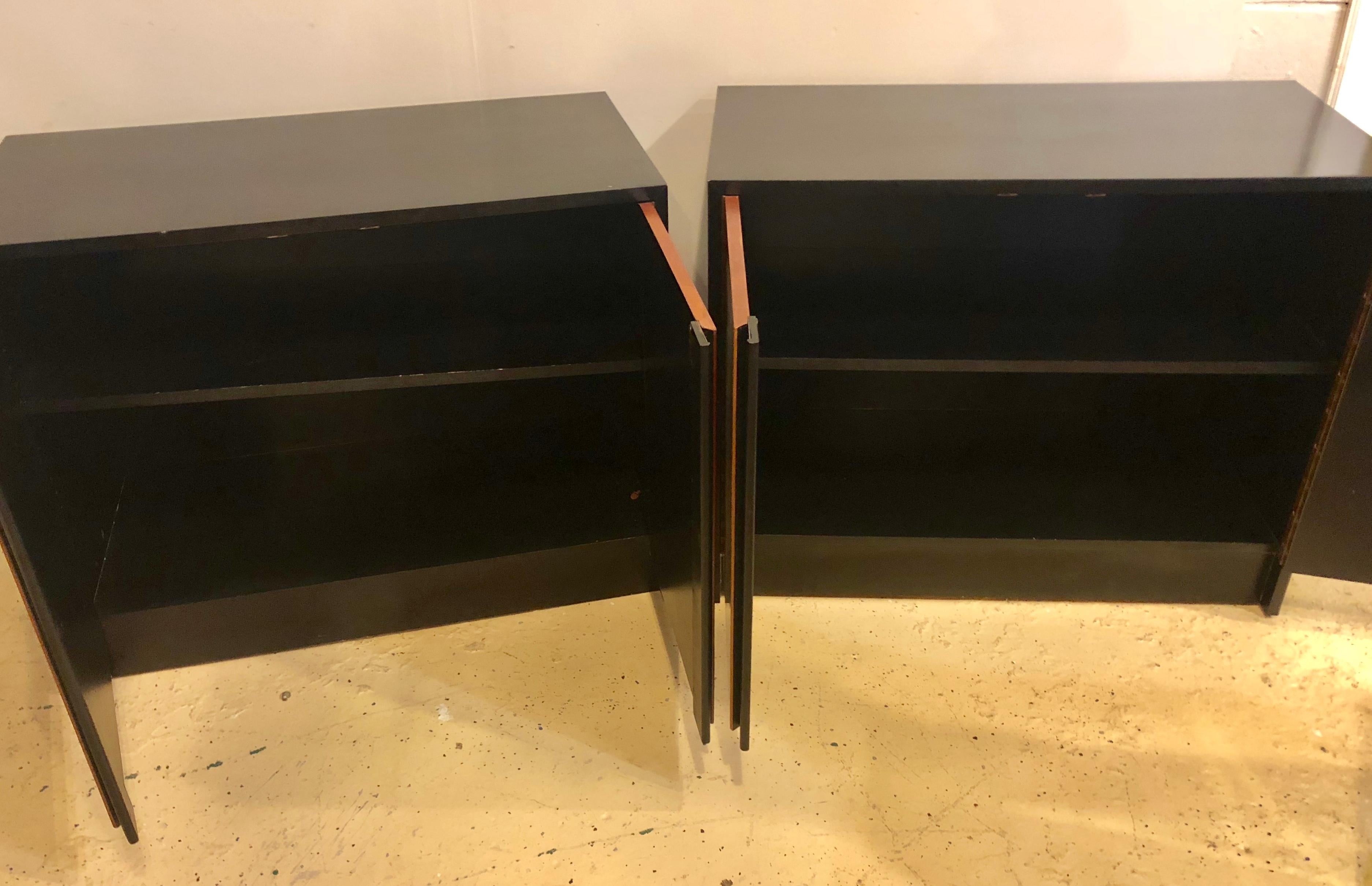 Pair of Ebony & Rosewood Commodes or Nightstands with Chrome Trim Baughman Look In Good Condition In Stamford, CT