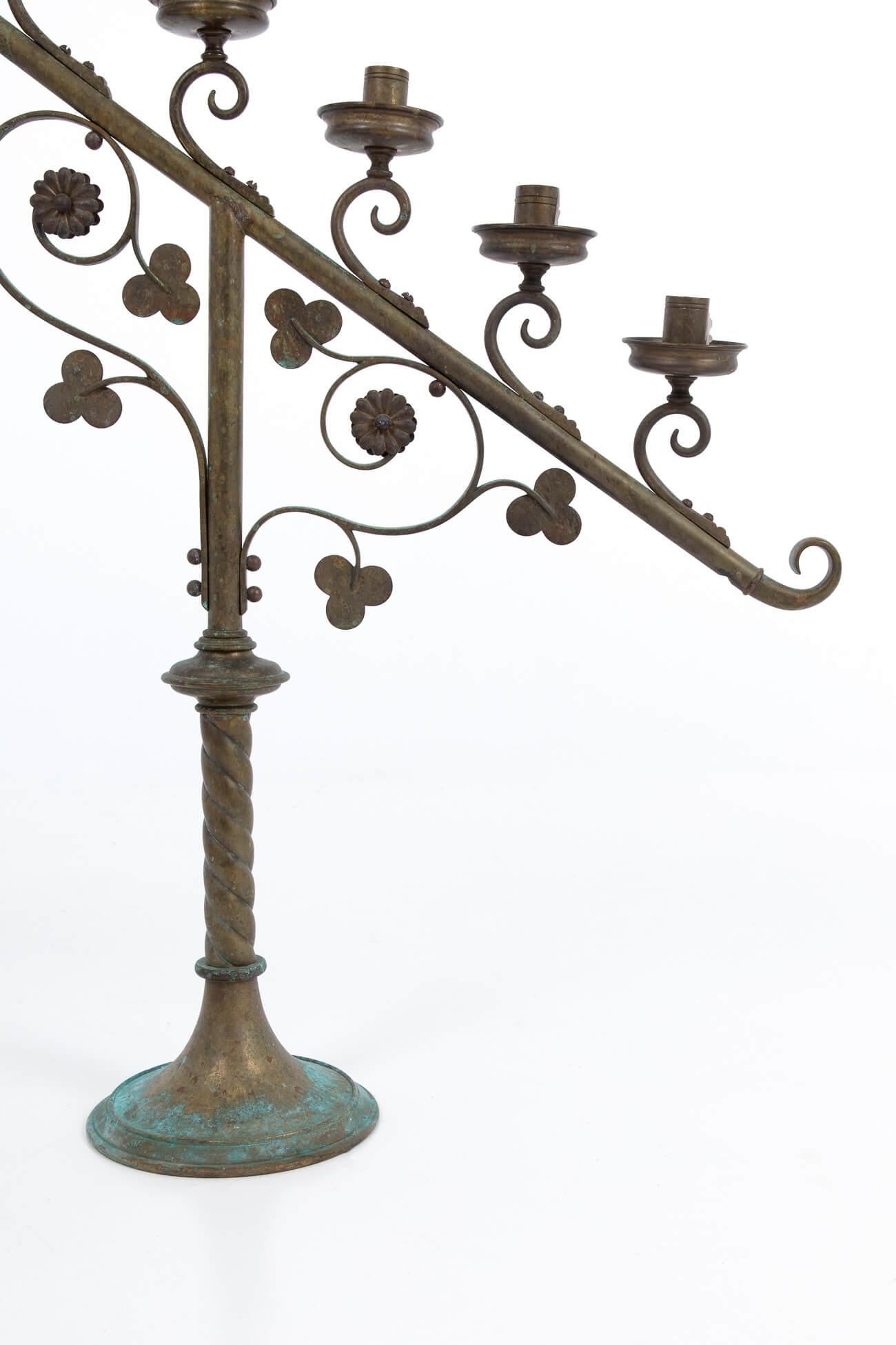 French Pair of Ecclesiastical Brass Candelabra, Early 20th Century For Sale
