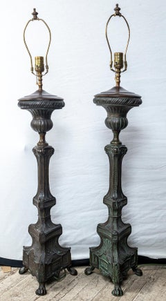Pair of Ecclesiastical Sheet Brass Candlesticks Converted to Table Lamps