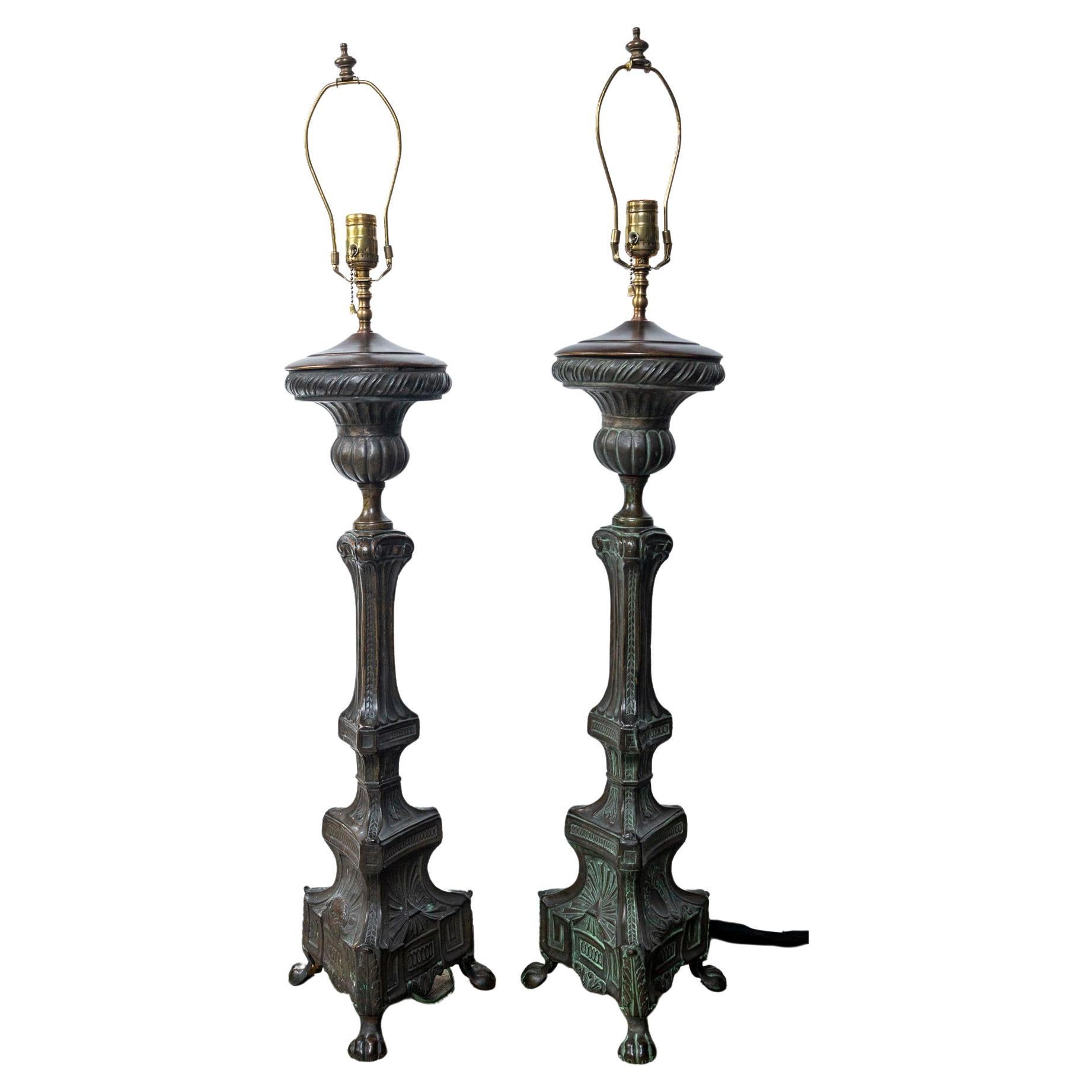 Pair of Candlesticks Converted in Table Lamps with GiltBronze Characters at 1stDibs