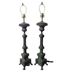 Pair of Ecclesiastical Sheet Brass Candlesticks Converted to Table Lamps