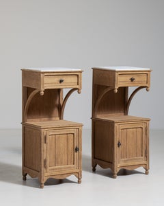 Pair of Eclectic Oak Side Tables with Marble Tops