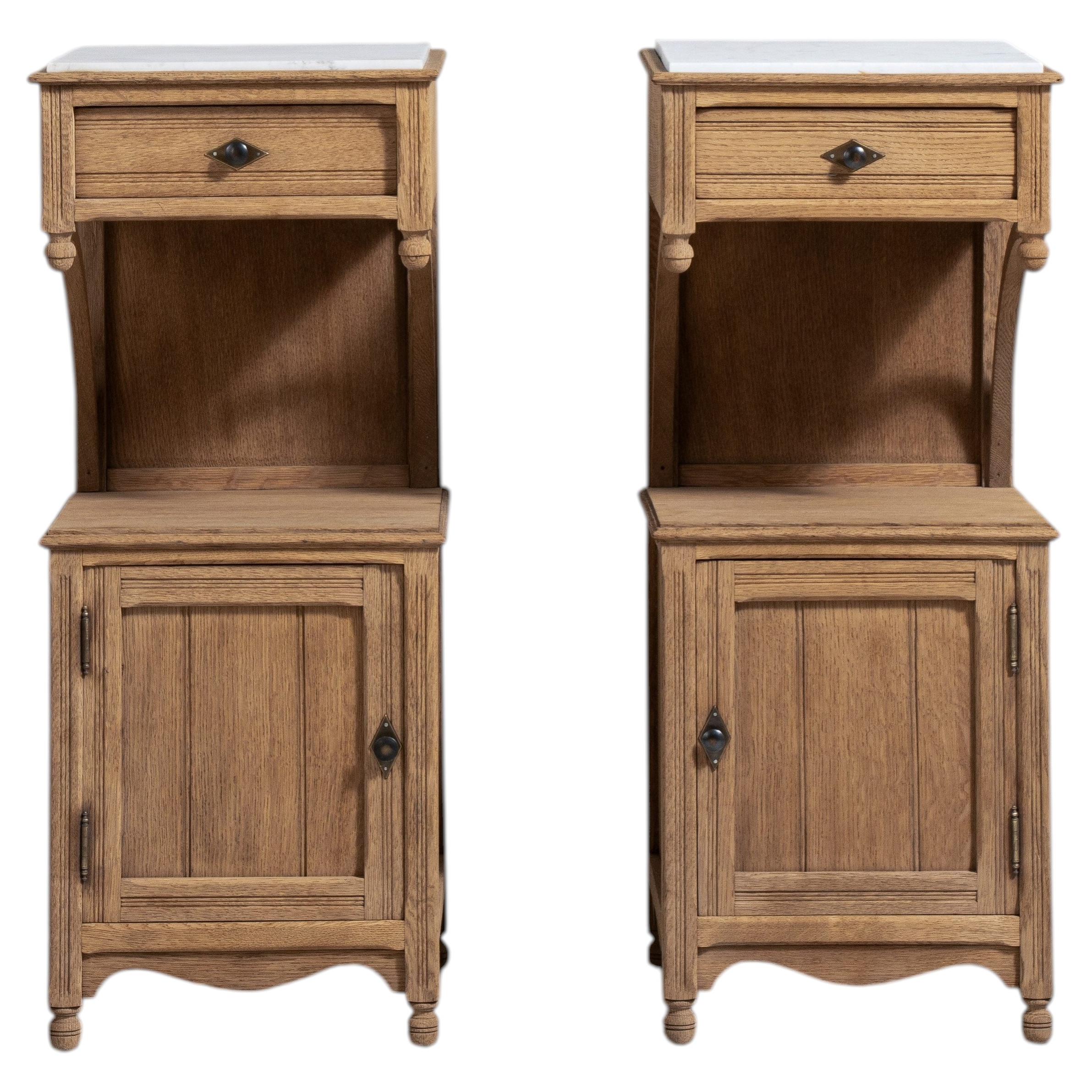 Pair of Eclectic Oak Side Tables with Marble Tops