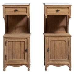 Pair of Eclectic Oak Side Tables with Marble Tops