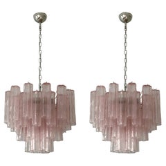 Pair of Classic Pink Murano Chandeliers Tronchi