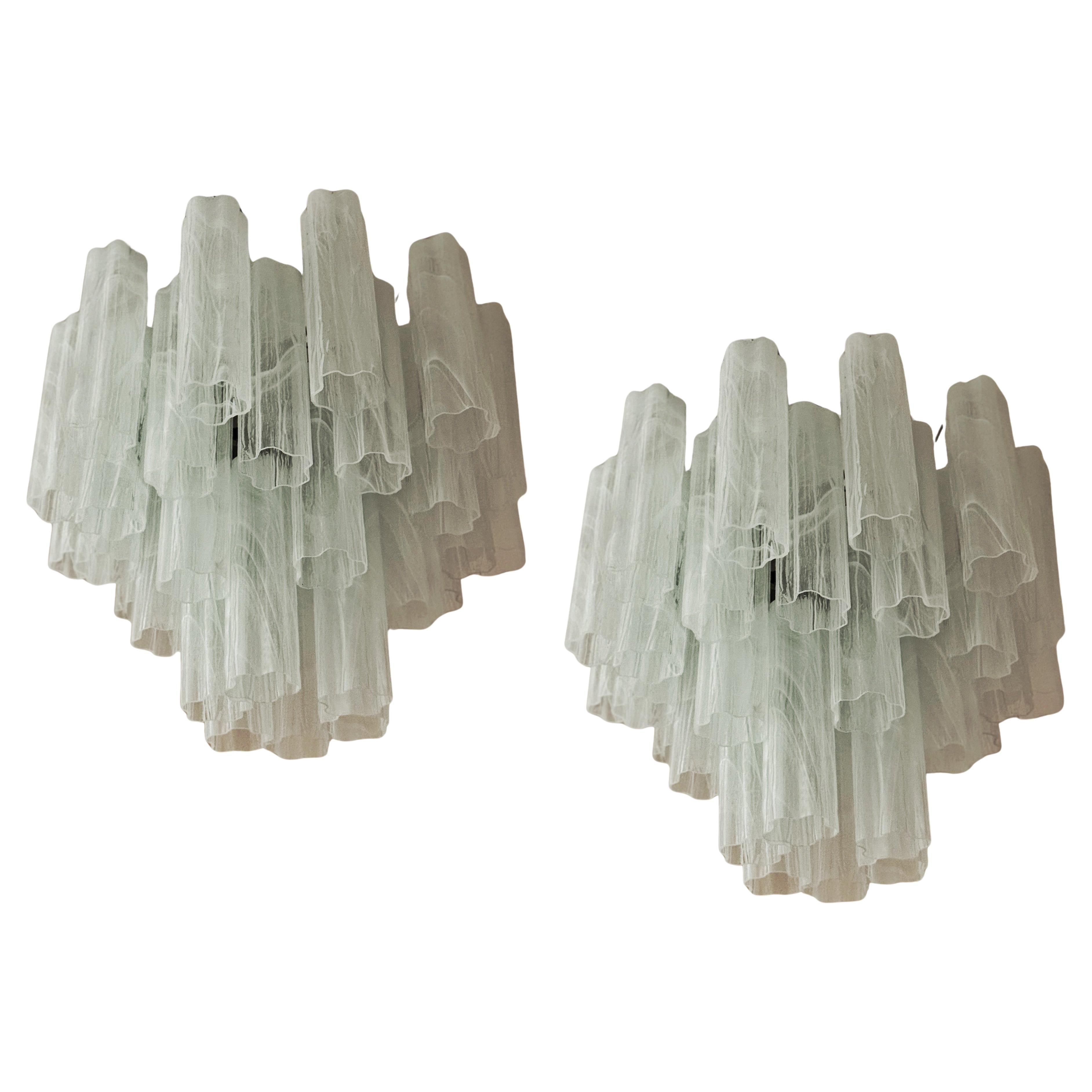 Pair of Eclectic White Murano Chandeliers Tronchi - Swirled Marbled Pattern For Sale